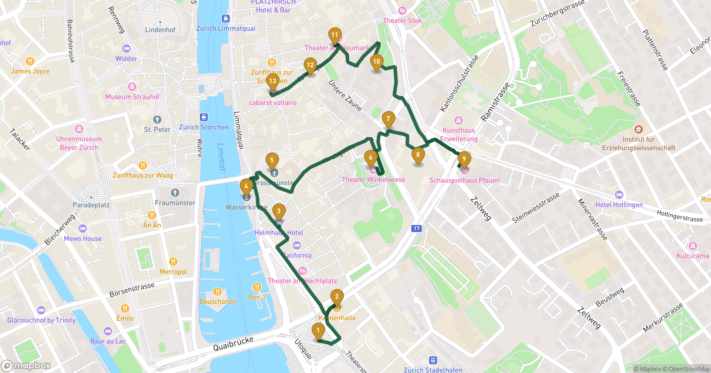 Kaart voor wandeling Zürich met 13 stops
