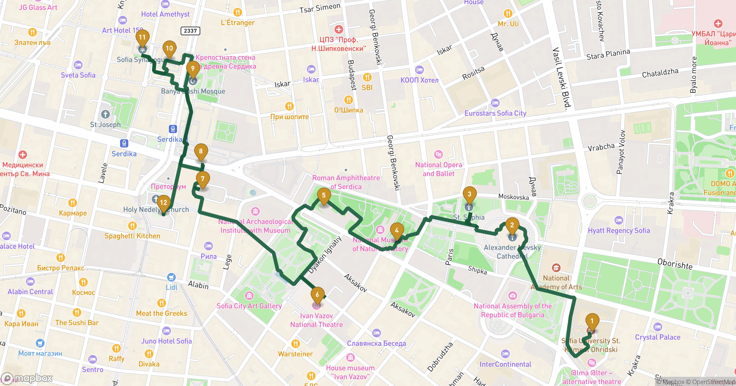 Map for Sofia walking tour with 12 stops