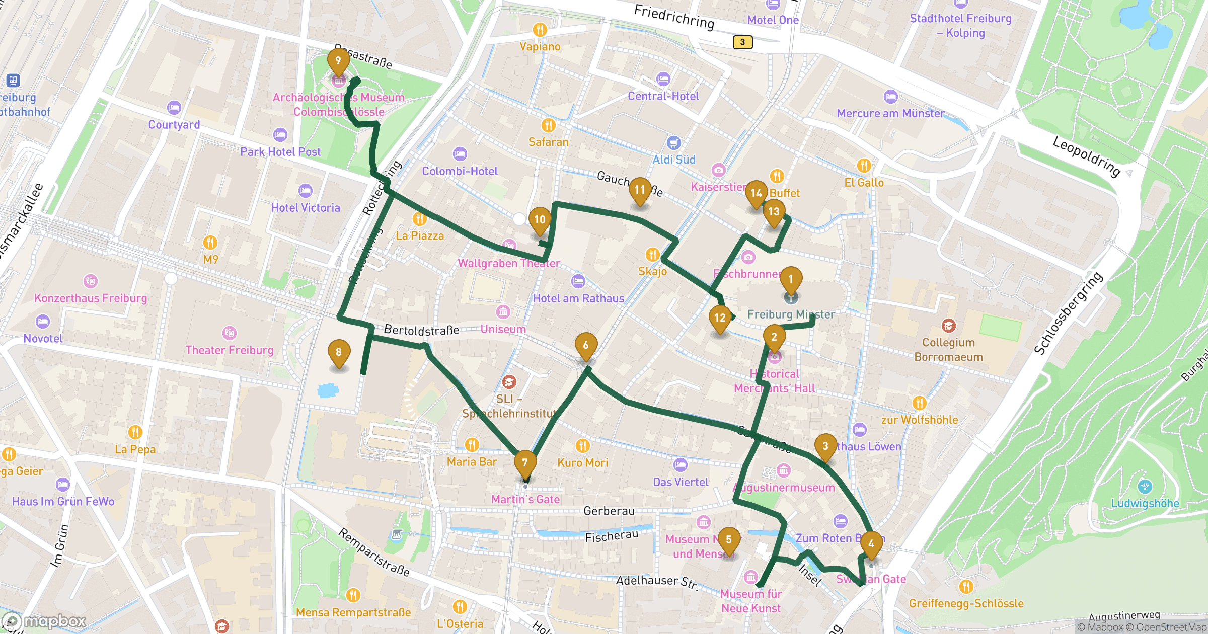 Map for Freiburg 도보 투어 with 14 stops