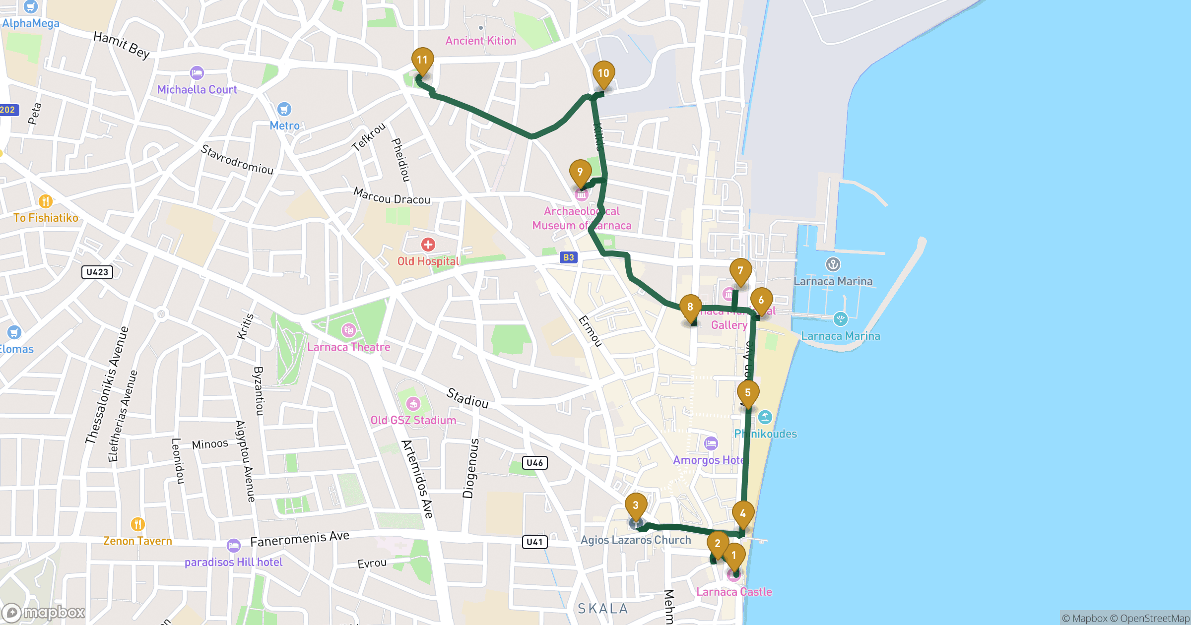 Mapa de ruta a pie Lárnaca con 11 paradas