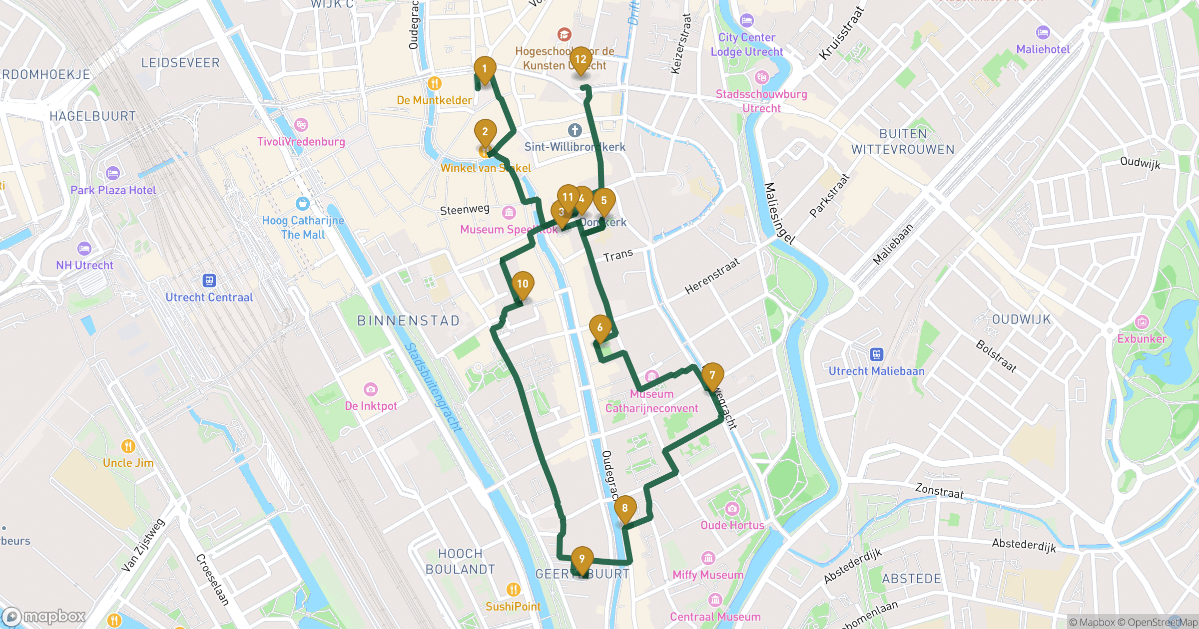 Map for Utrechts lag byvandring with 12 stops