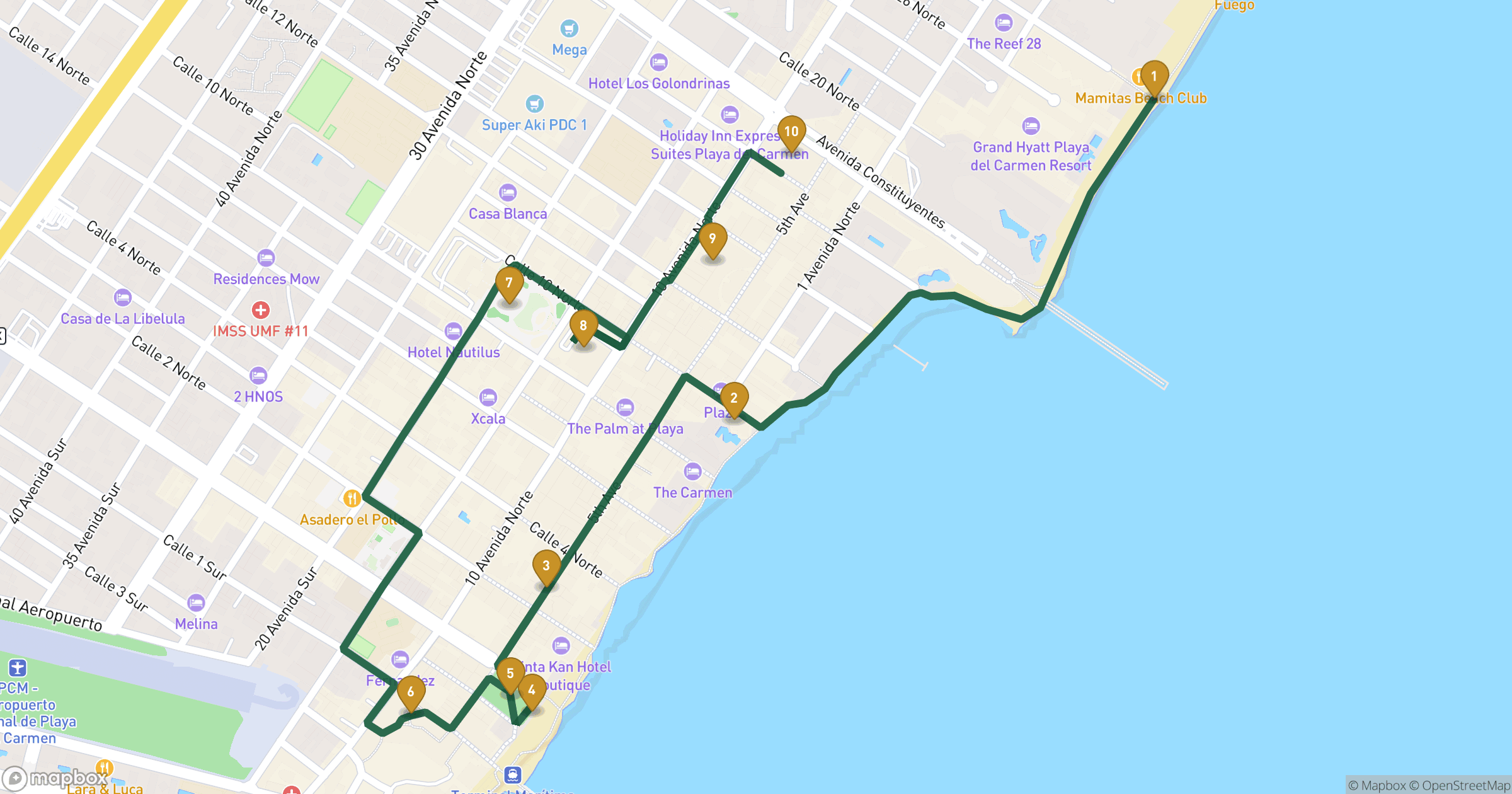 Map for Playa del Carmen walking tour with 10 stops