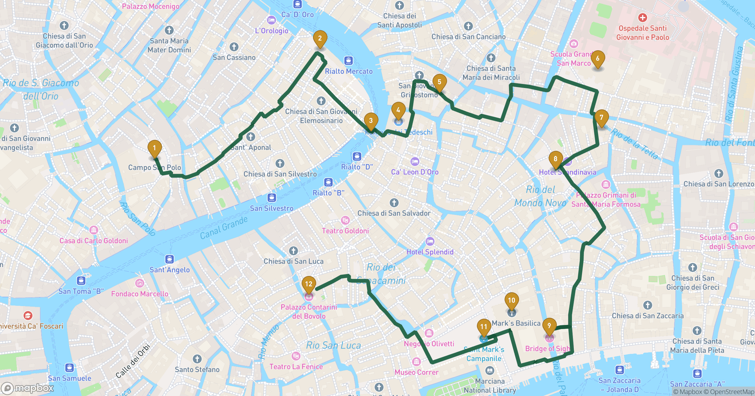 Map for Venedigs glans og hemmeligheder byvandring with 12 stops