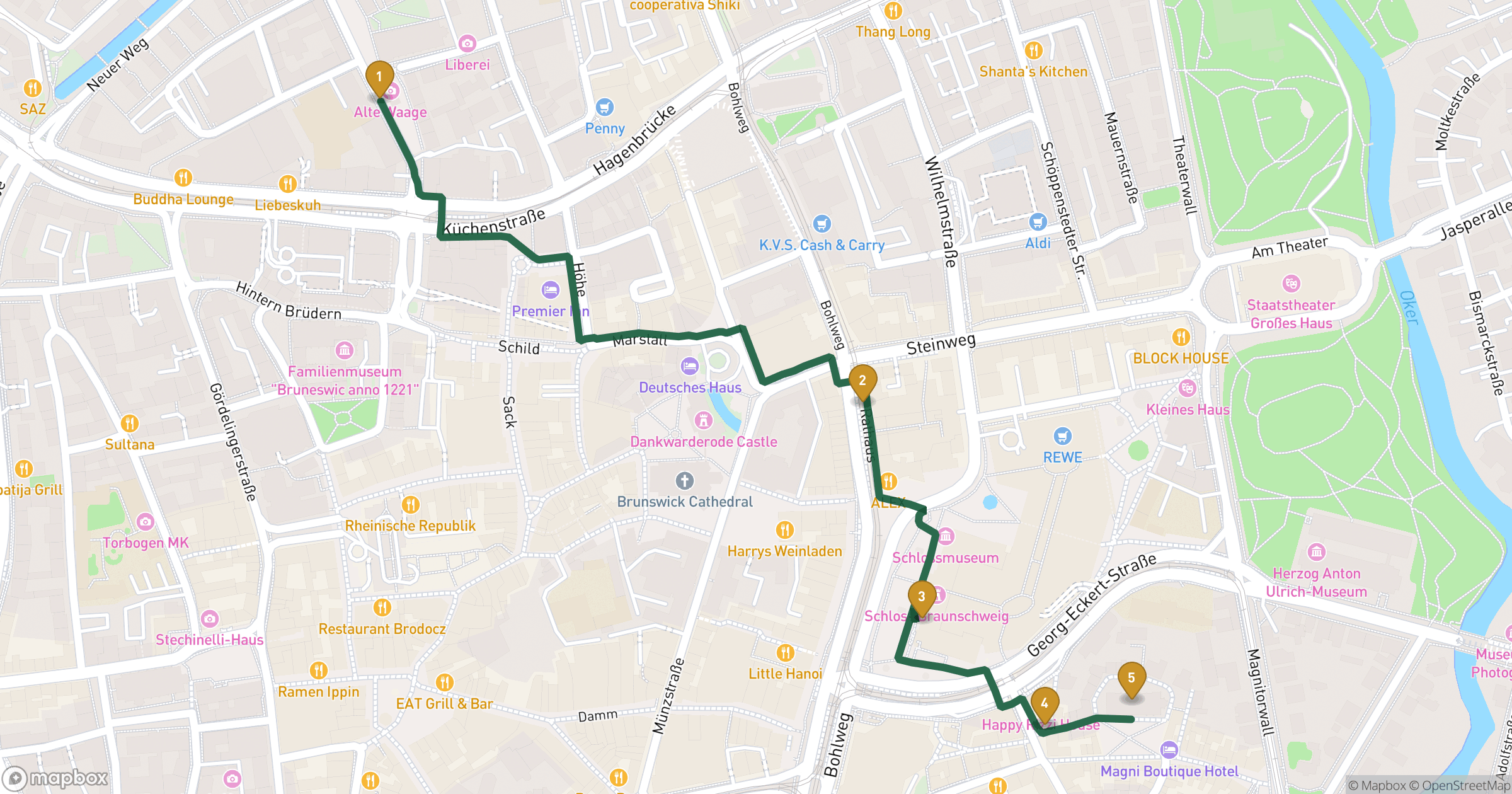 Map for Brunswick walking tour with 5 stops