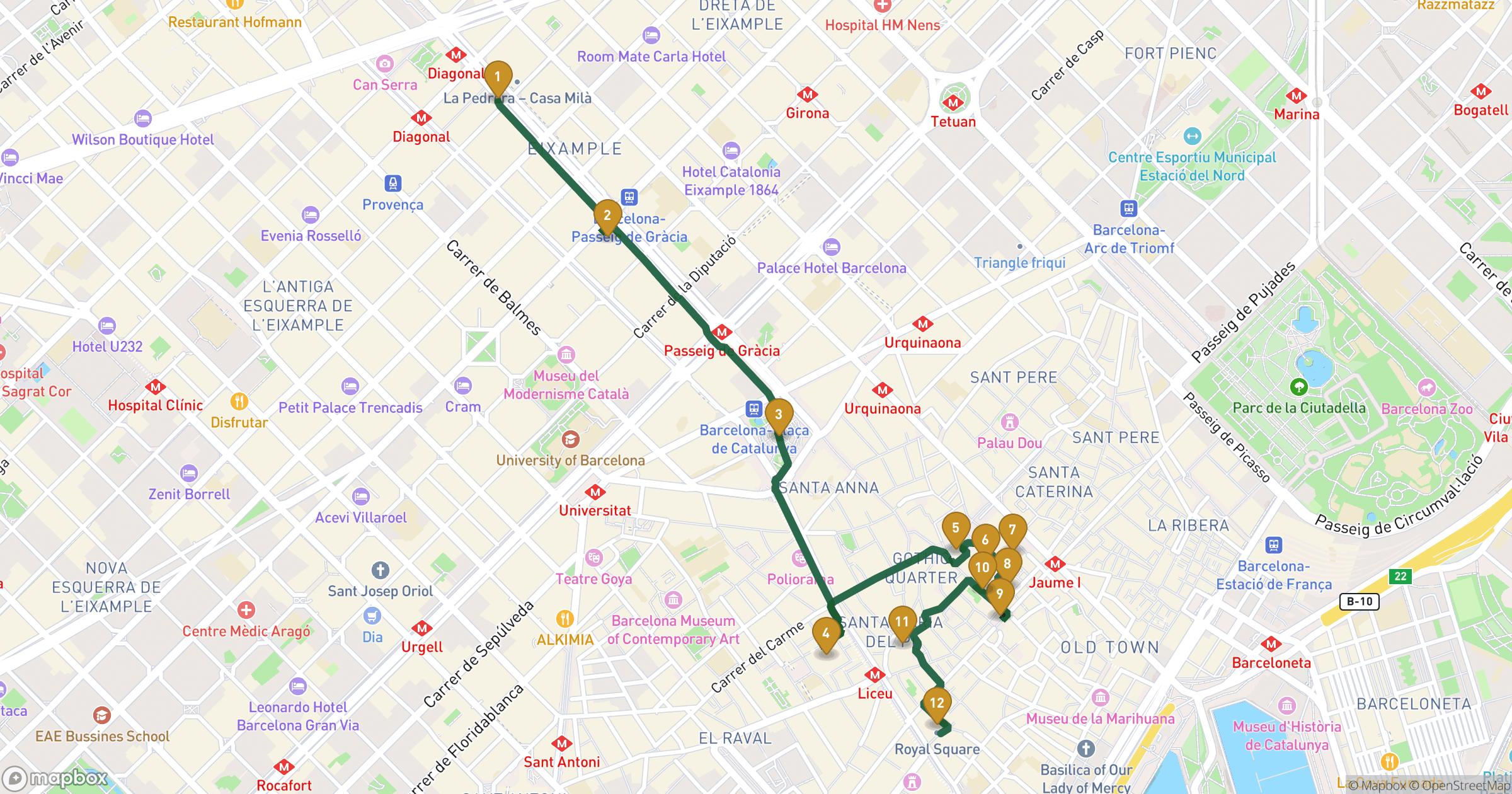 Map for Barcelona walking tour with 12 stops