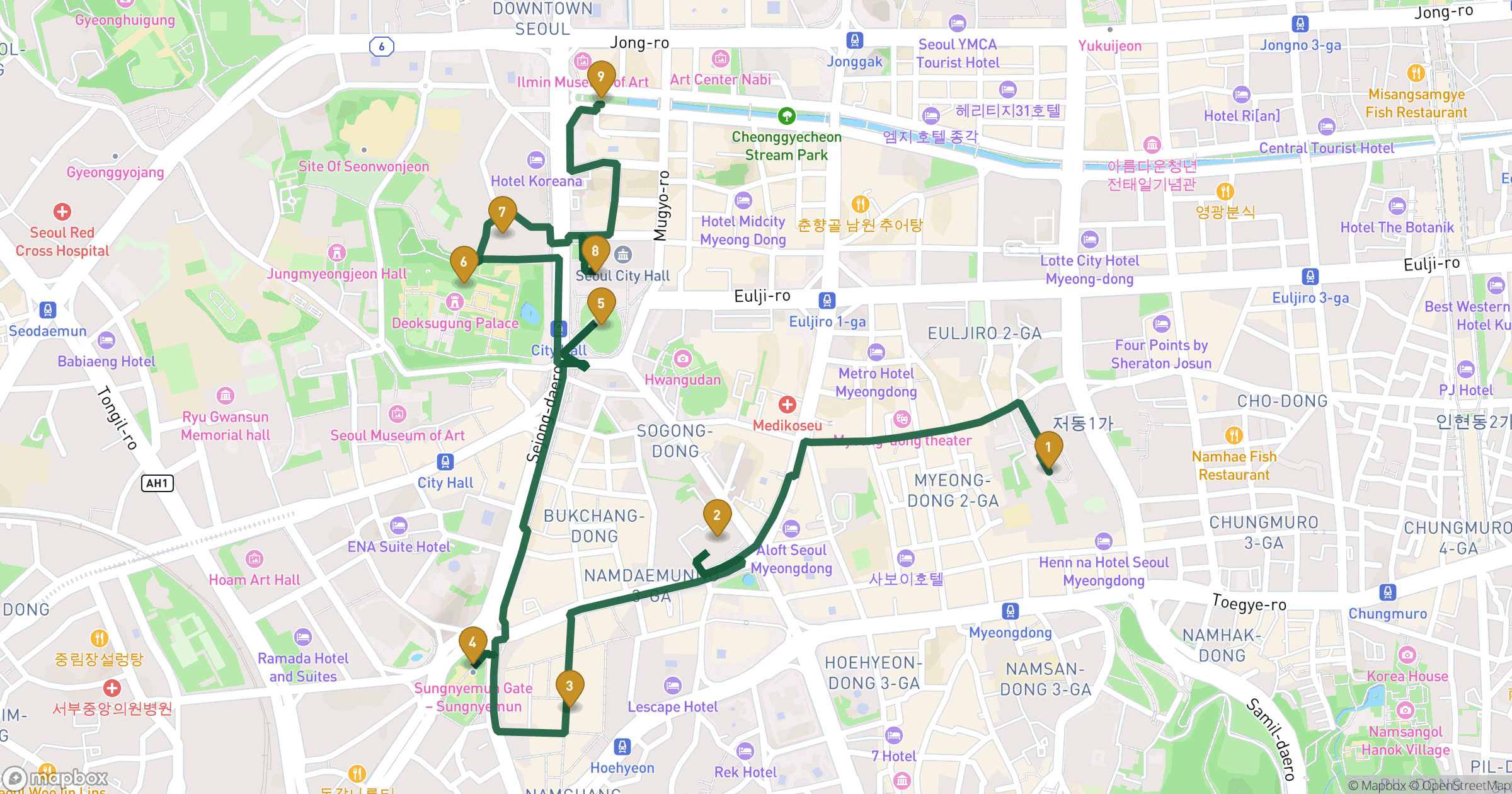 Mappa del visita guidata Seul Jung con 9 tappe