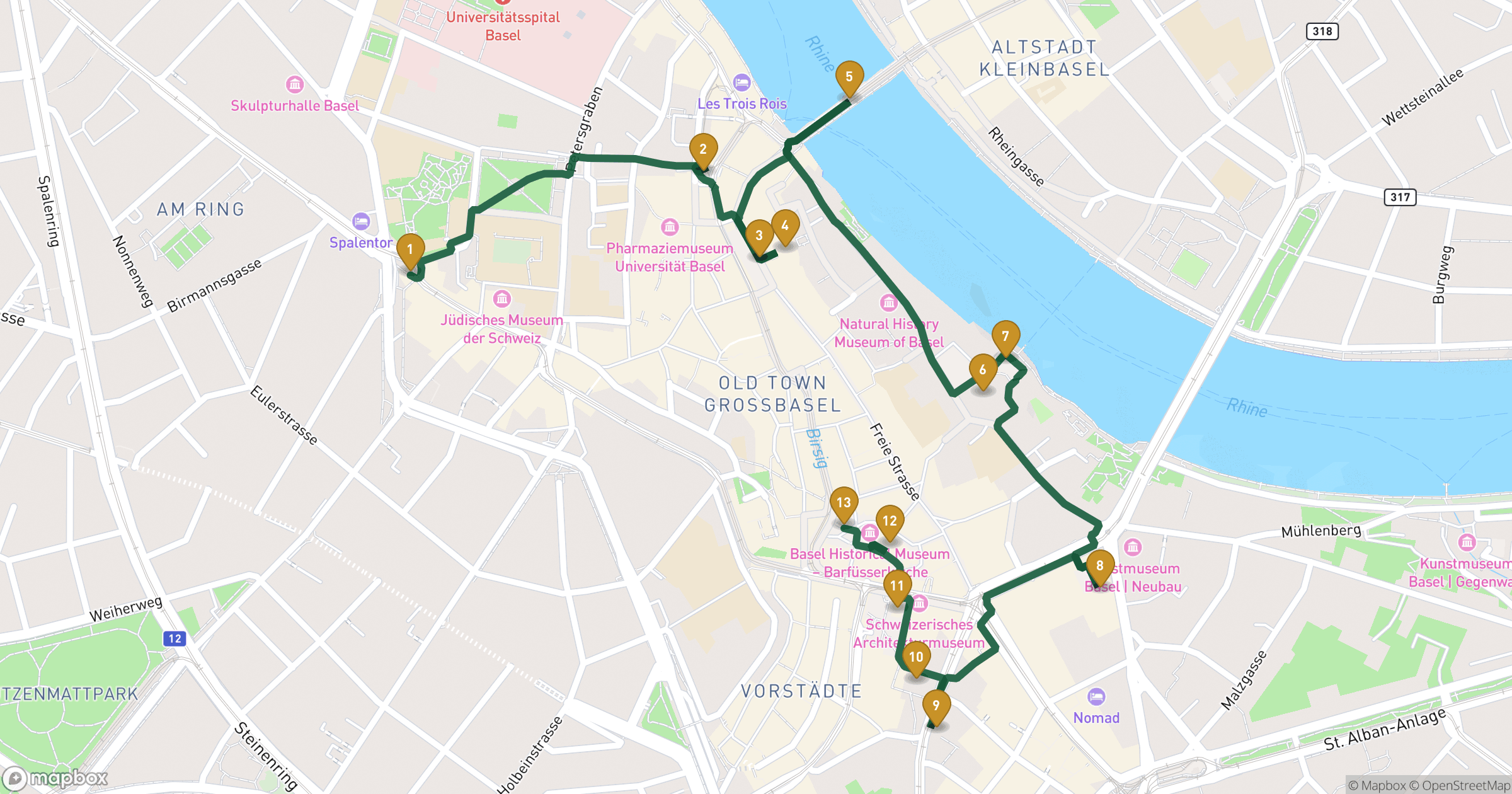 Map for Basel walking tour with 13 stops
