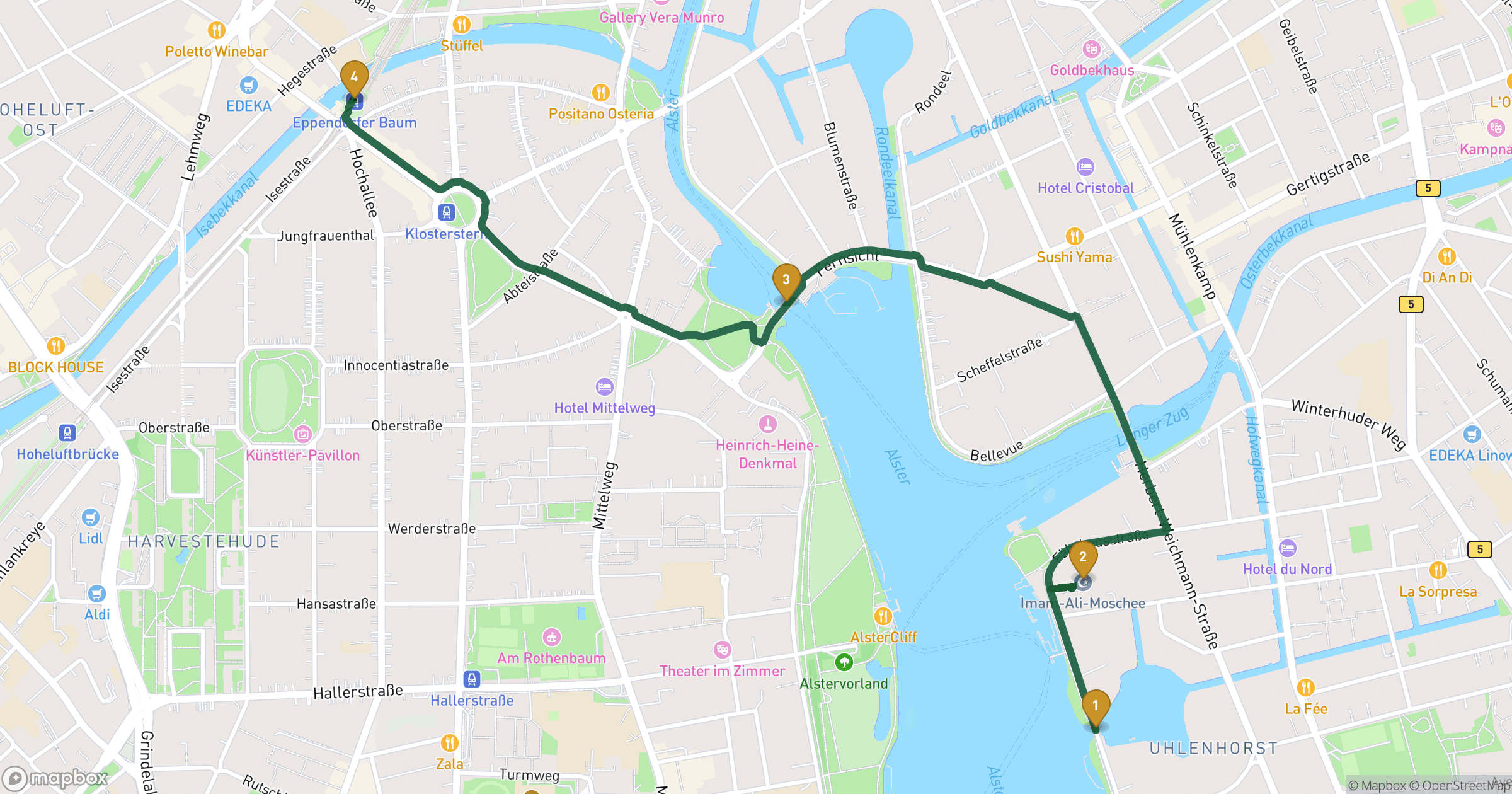 Map for Hamburg byvandring with 4 stops