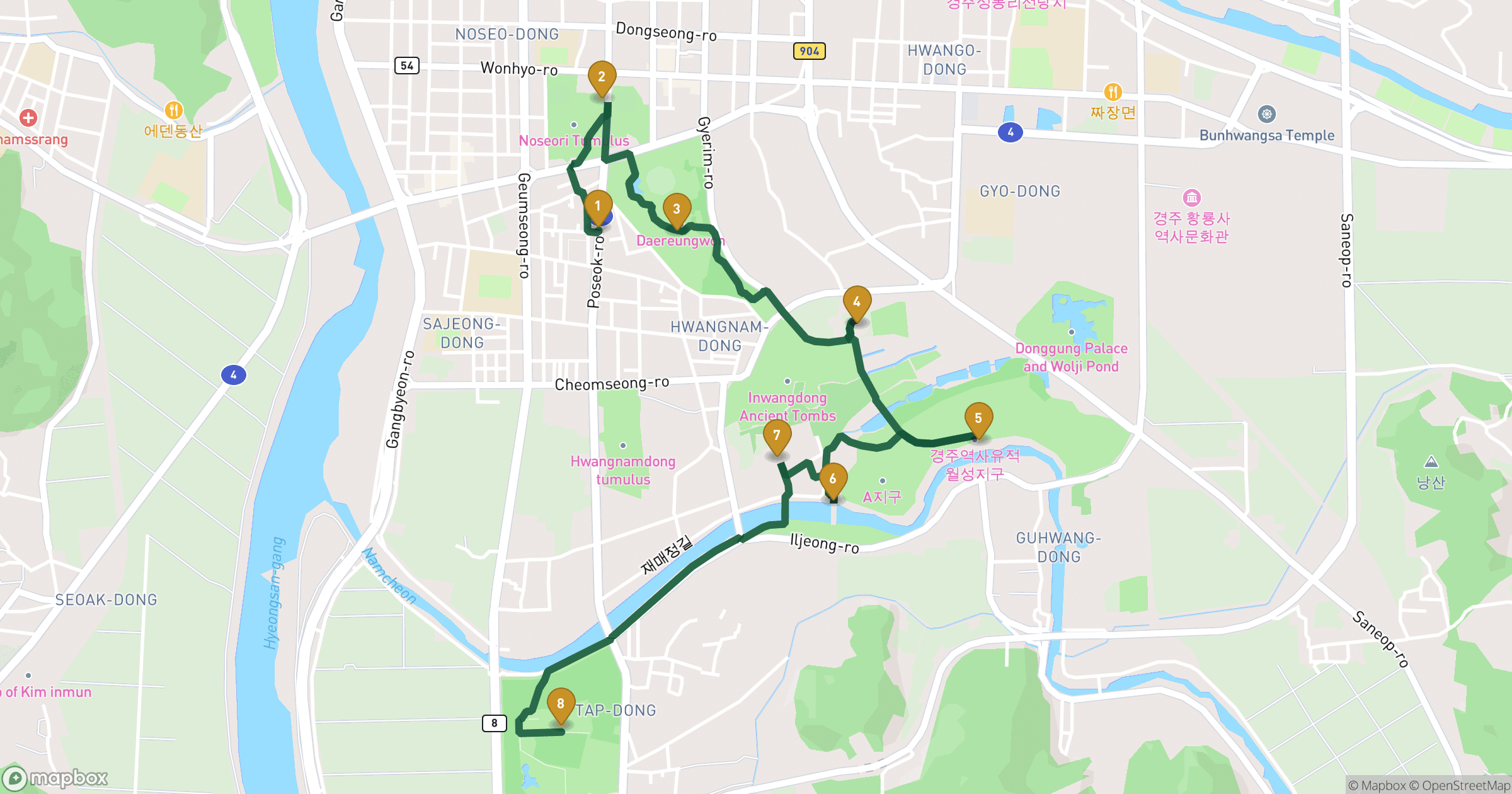 Karte für Stadtführung Gyeongju mit 8 Stopps