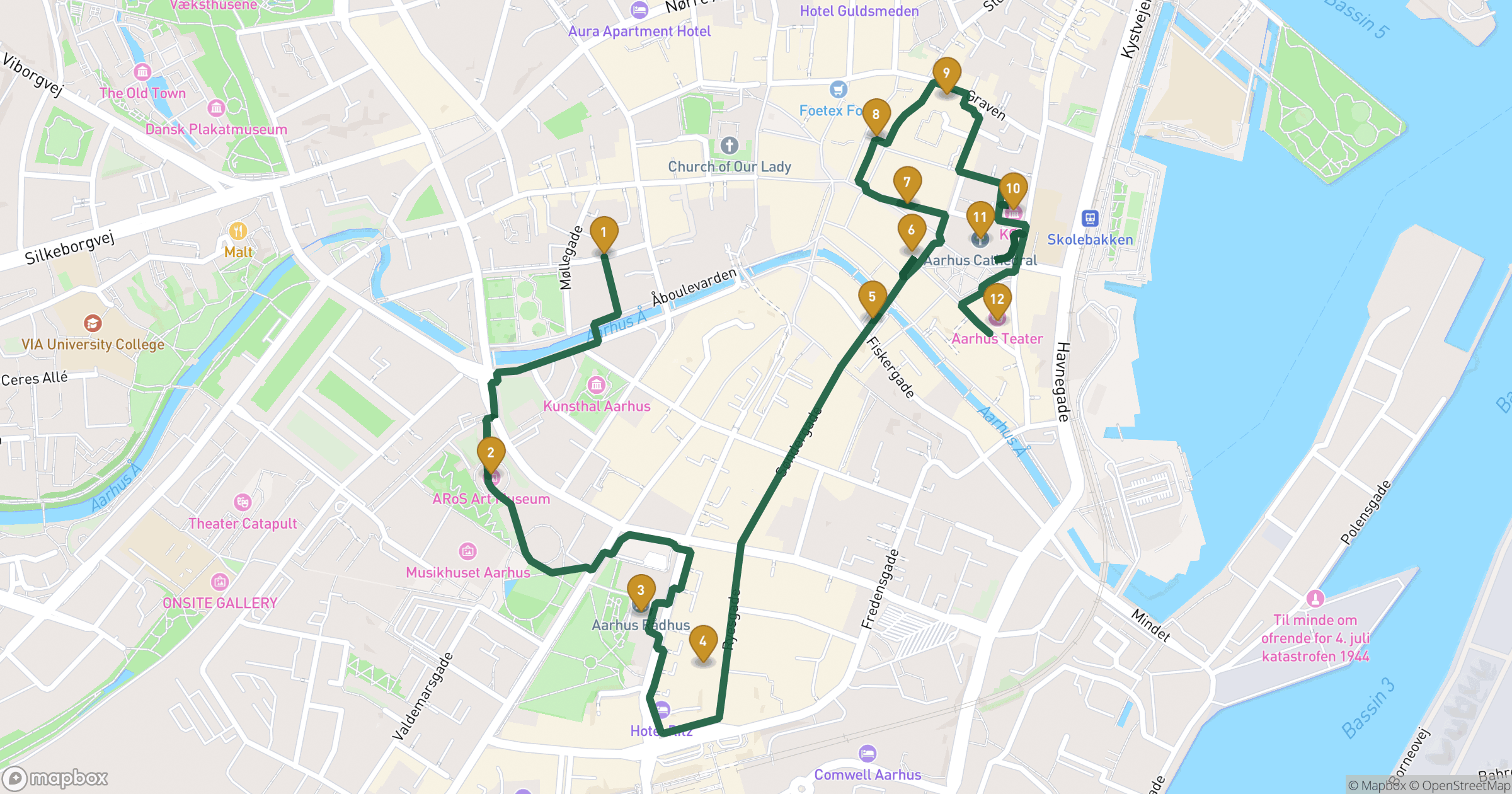 Map for Aarhus walking tour with 12 stops