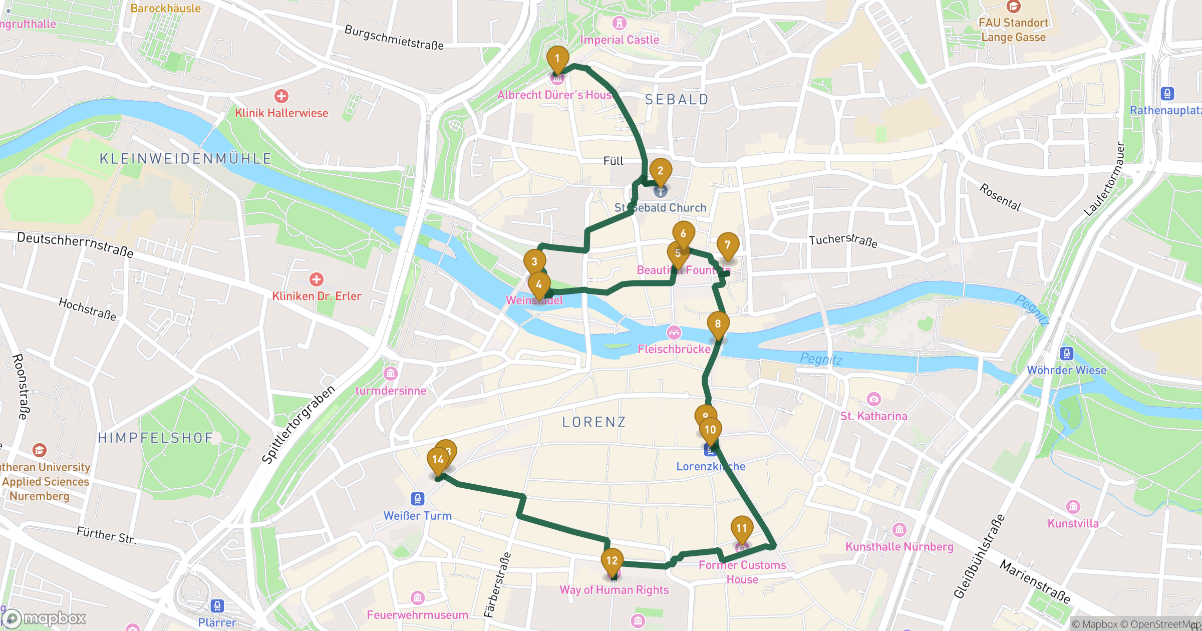 Map for Nuremberg walking tour with 14 stops