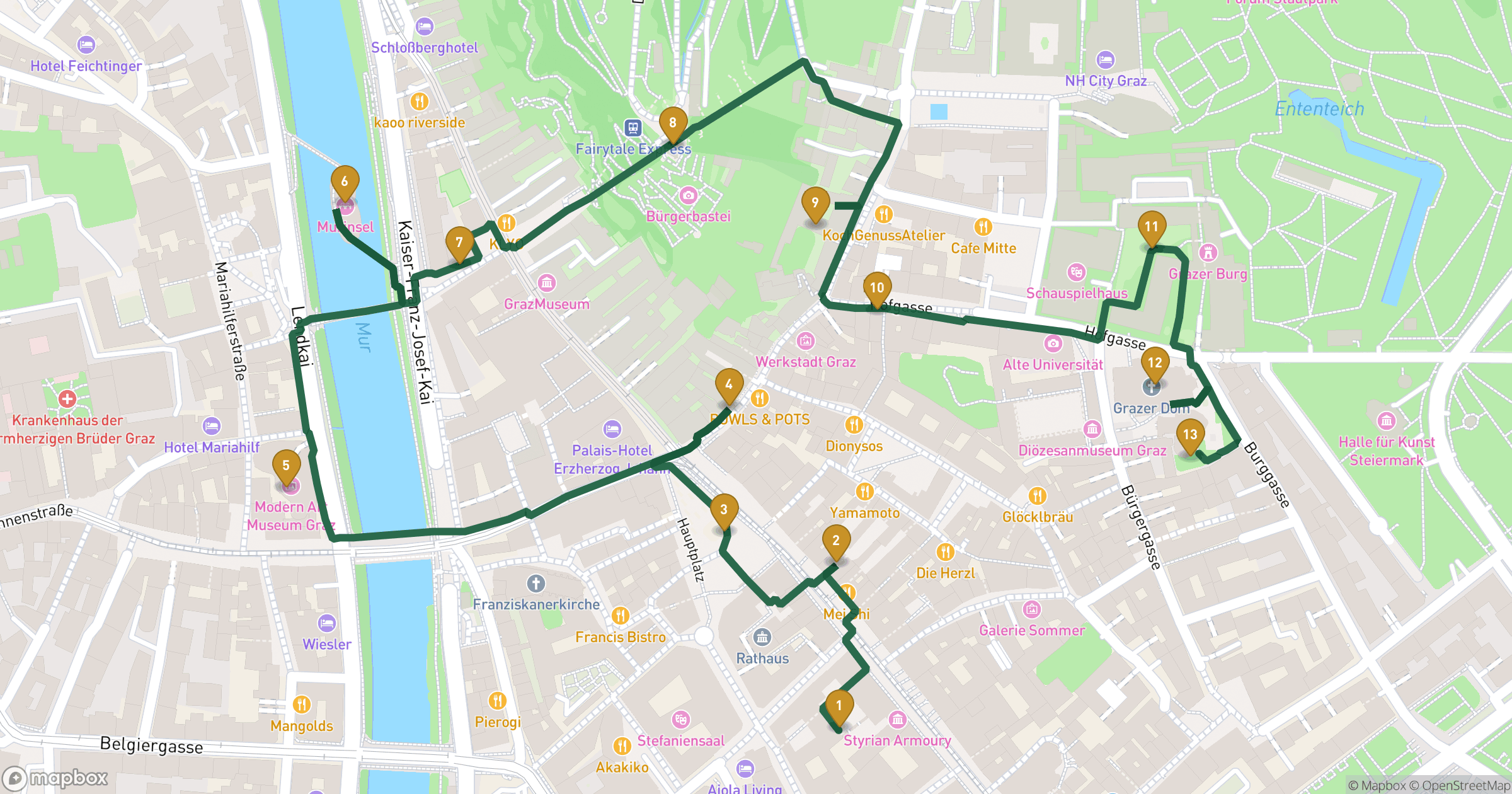 Map for Graz walking tour with 13 stops