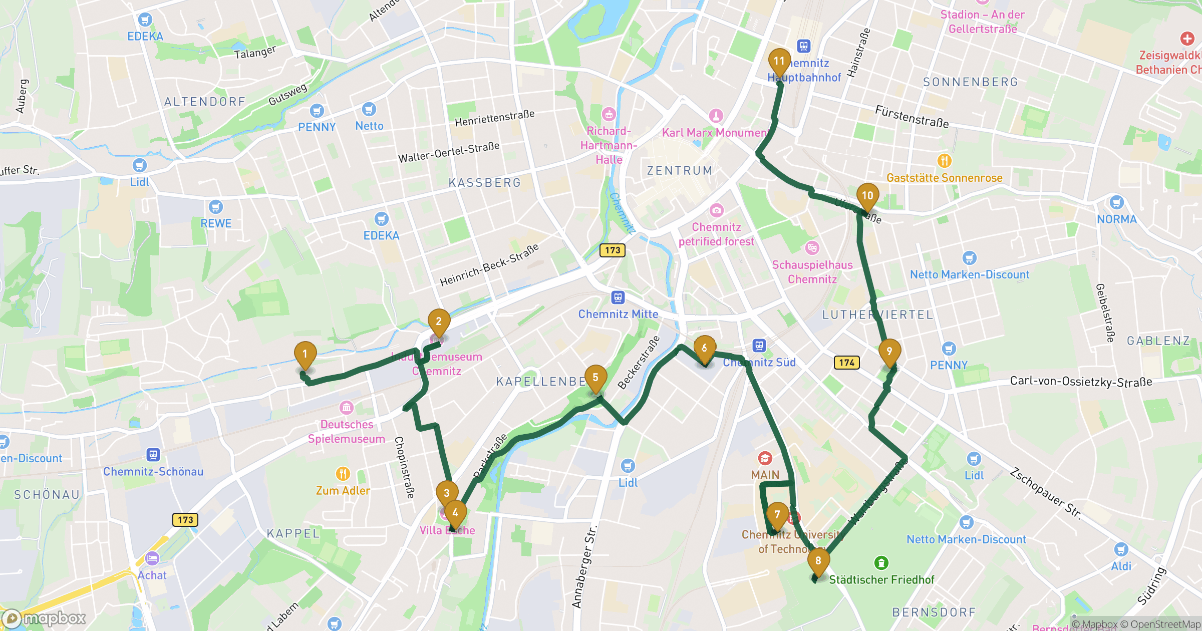 Mapa de passeio a pé Chemnitz com 11 paragens