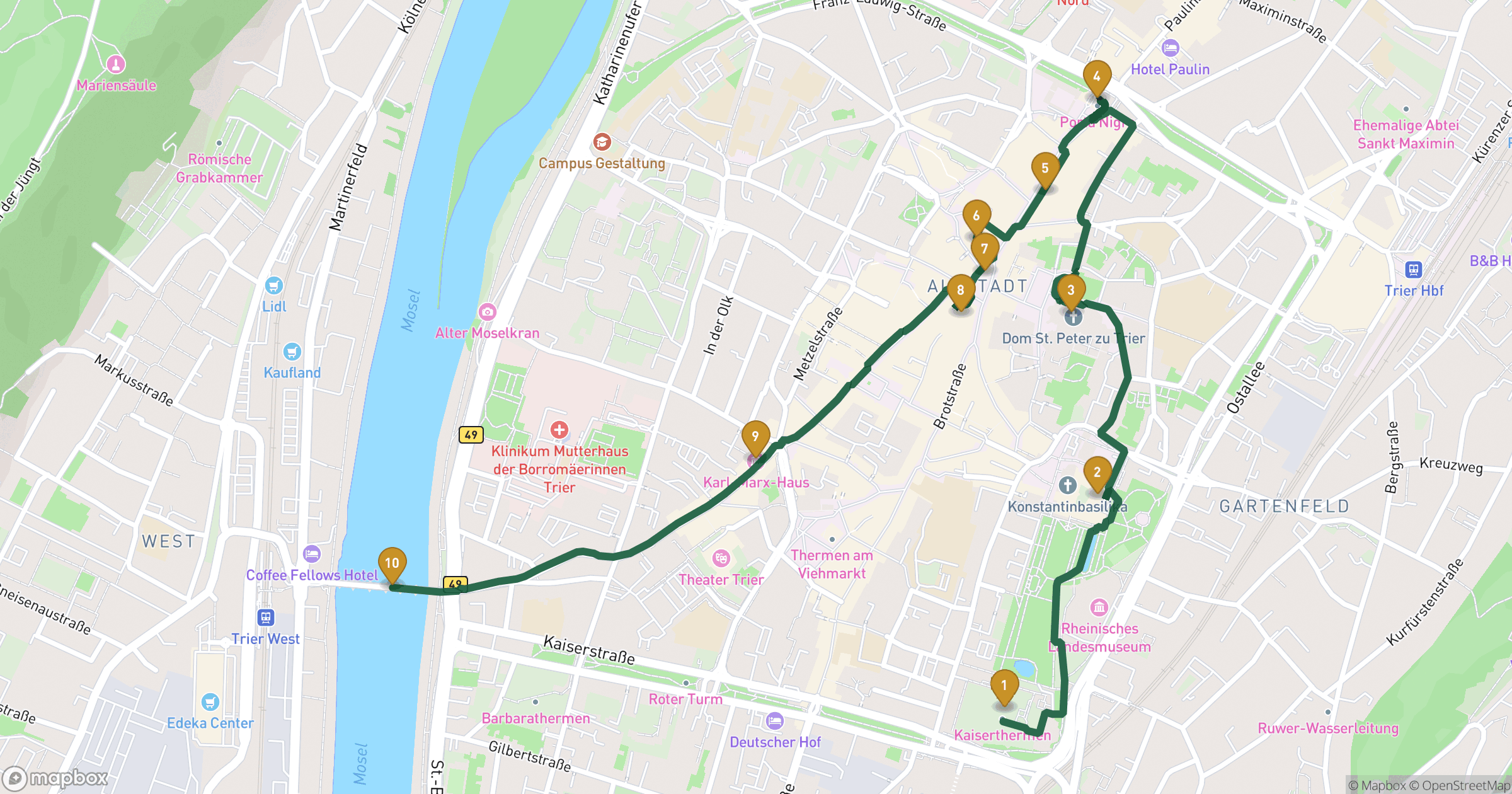 Map for Trier walking tour with 10 stops