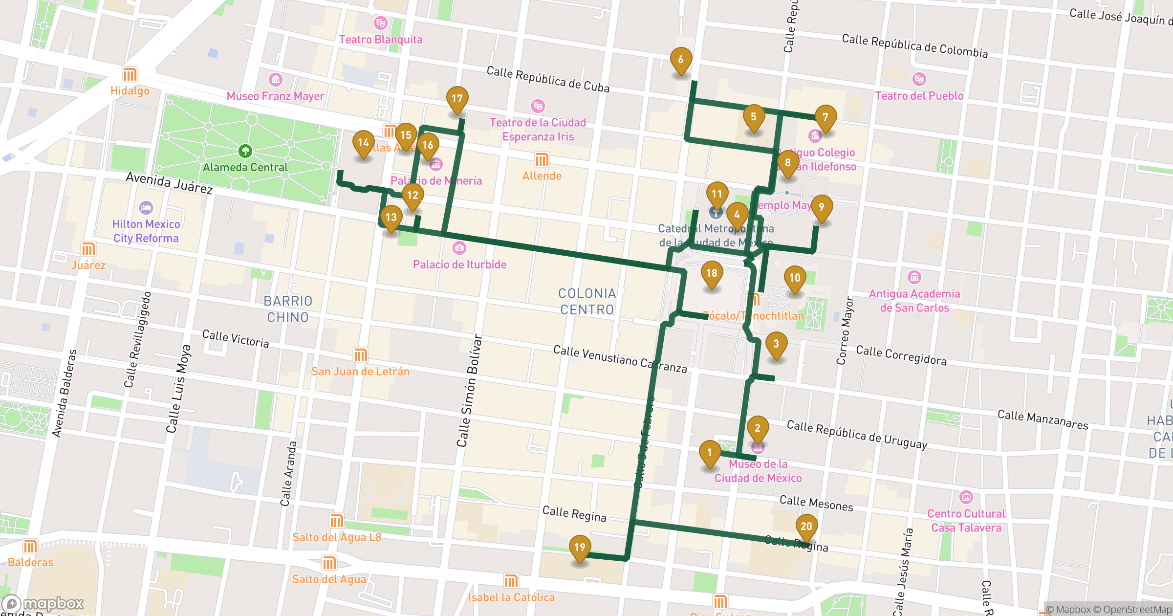 Map for Ciudad de México walking tour with 20 stops