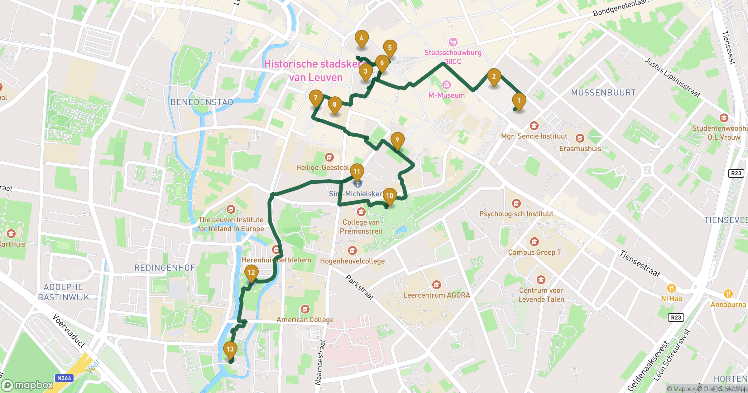 Map for Leuven walking tour with 13 stops