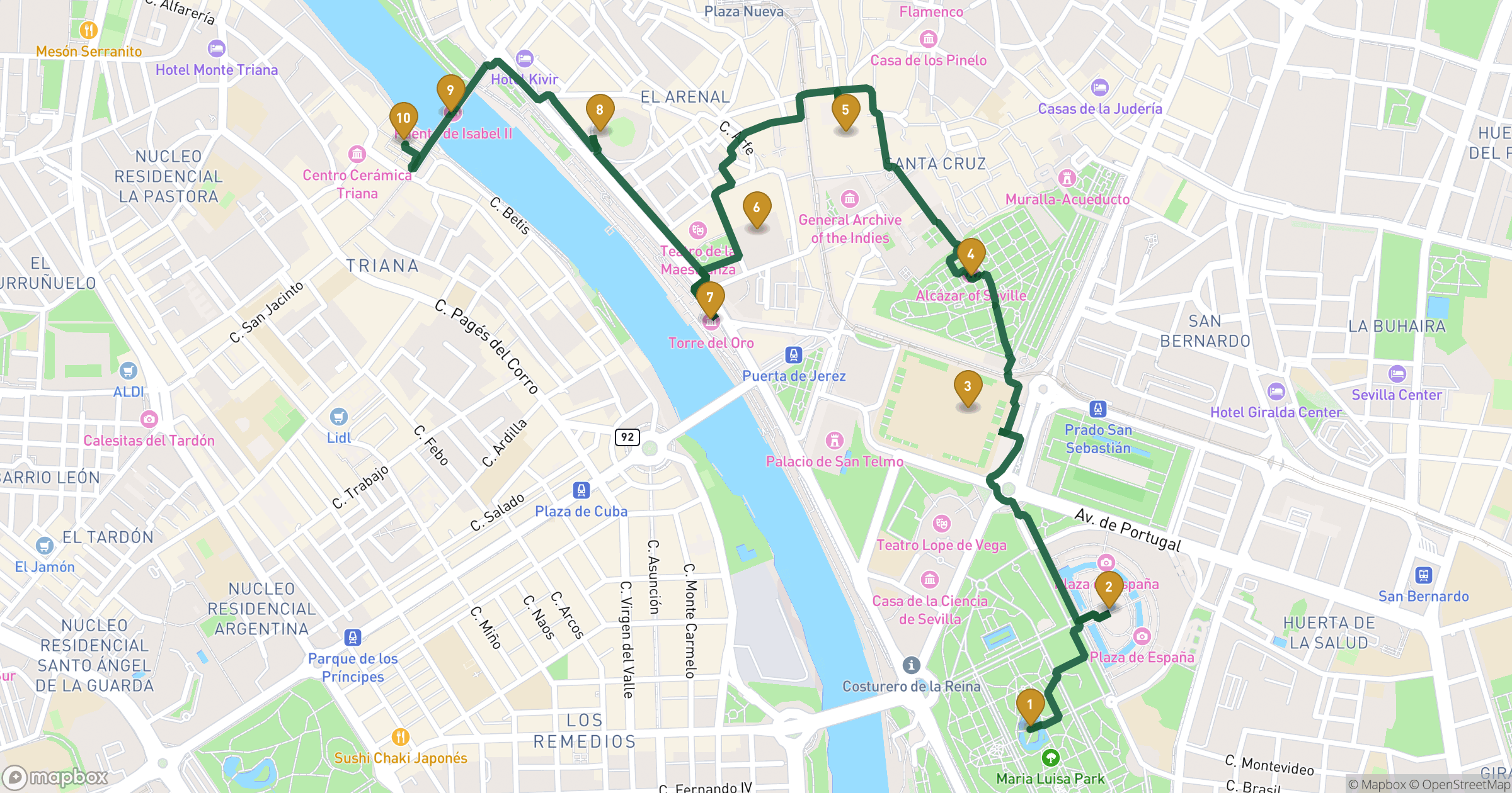 Map for Seville walking tour with 10 stops