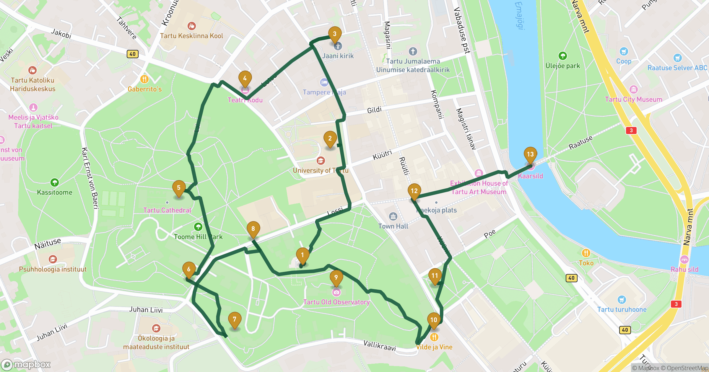 Map for Tartu walking tour with 13 stops