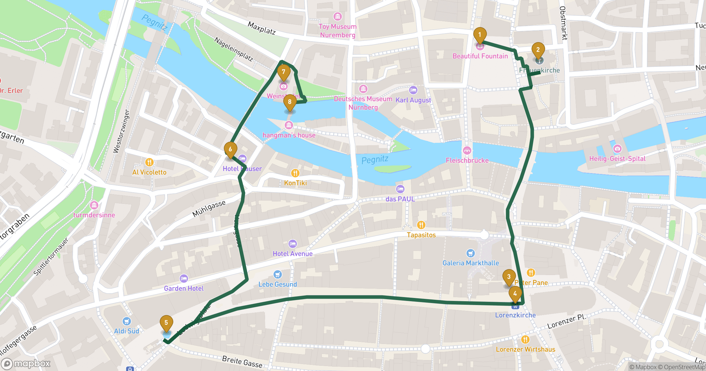 Map for Nuremberg walking tour with 8 stops