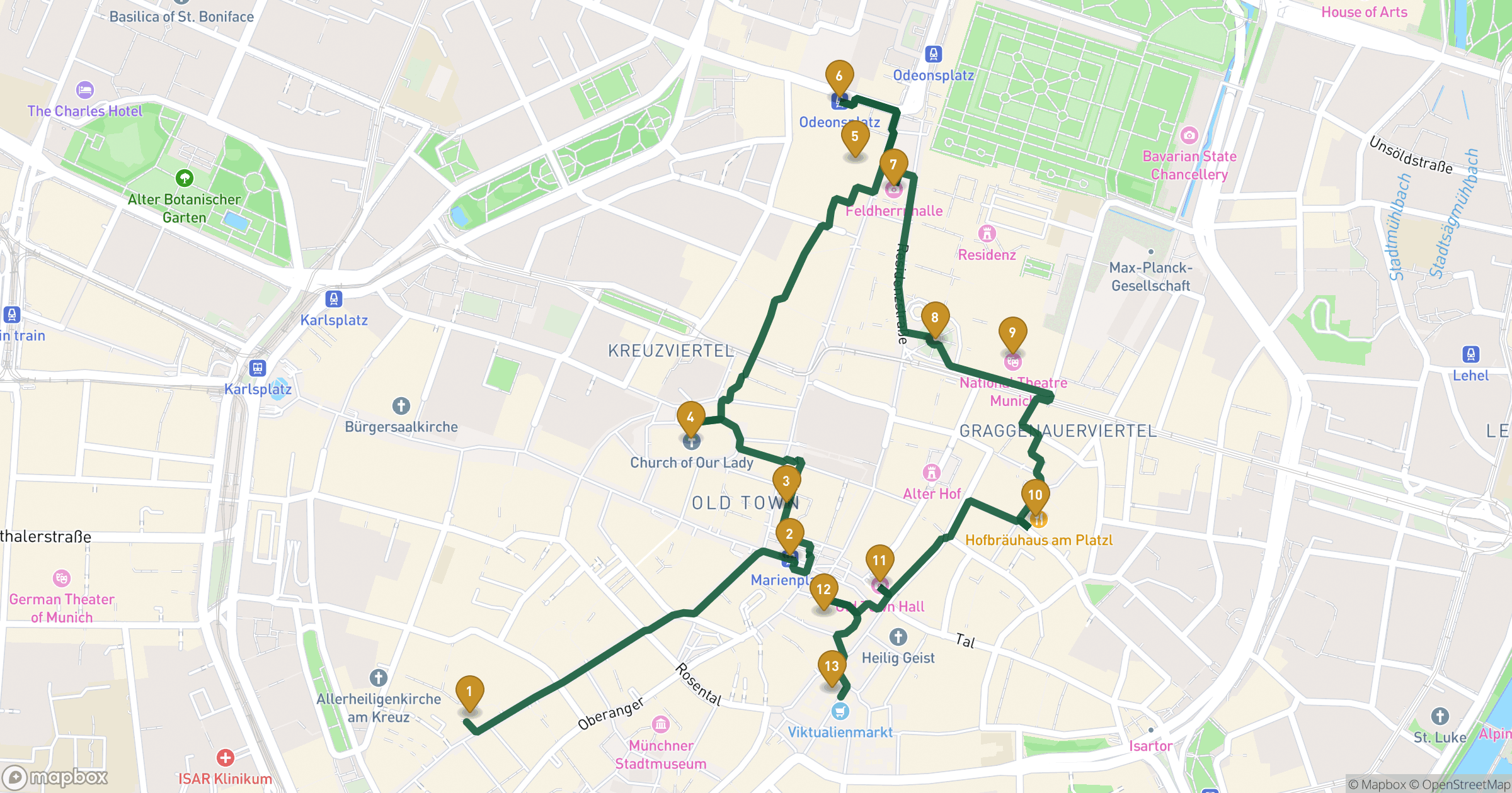 Map for Munich walking tour with 13 stops