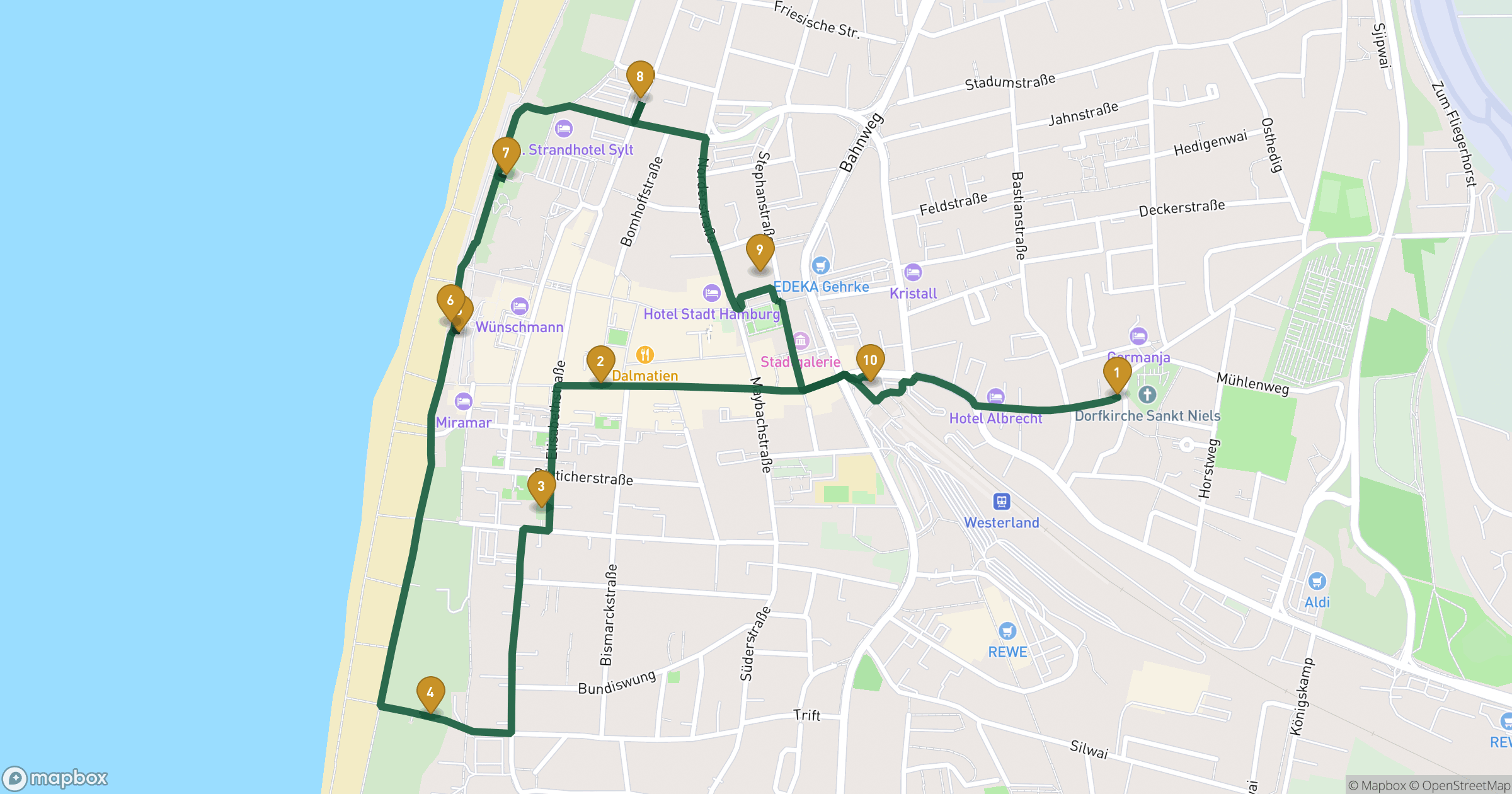 Map for Westerland byvandring with 10 stops