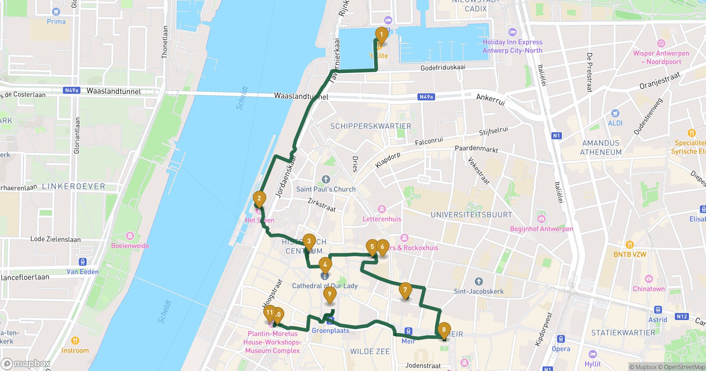 Map for Antwerp walking tour with 11 stops