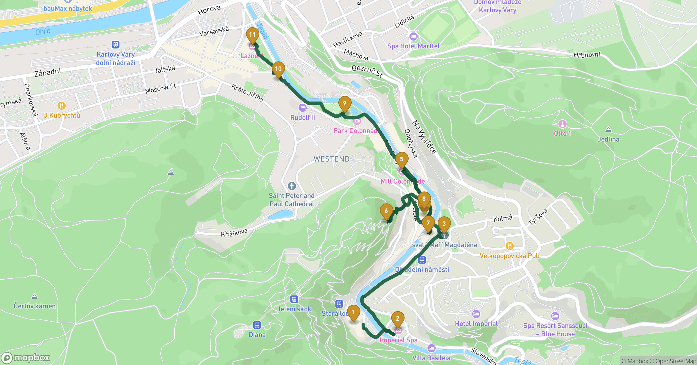 Map for Karlovy Vary walking tour with 11 stops