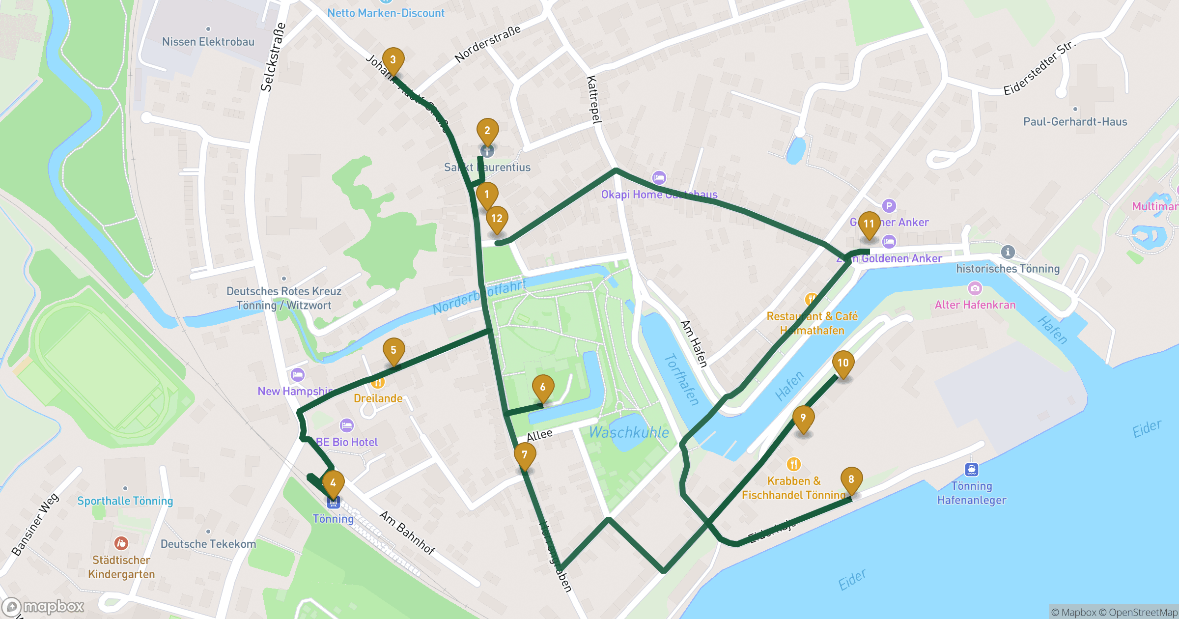 Map for Tönning walking tour with 12 stops