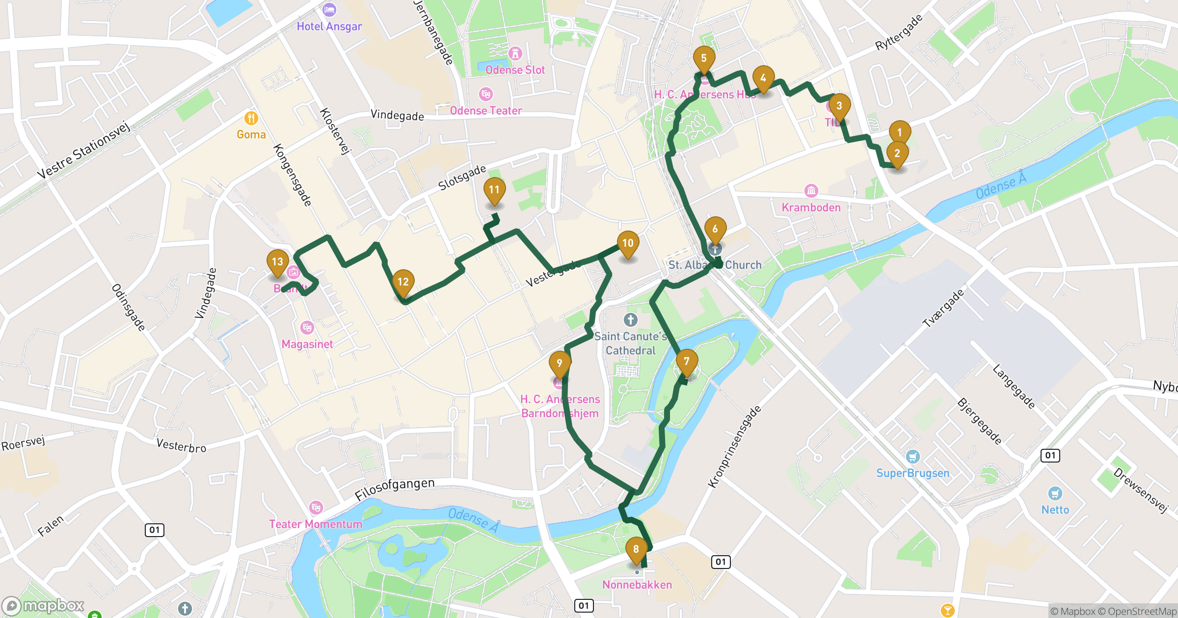 Map for Odense walking tour with 13 stops