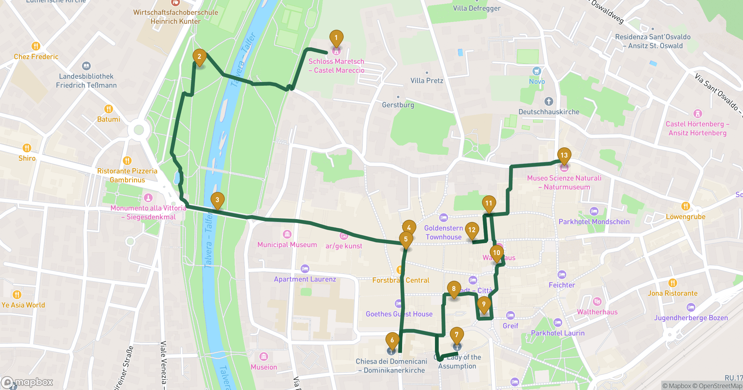 Map for Bolzano walking tour with 13 stops
