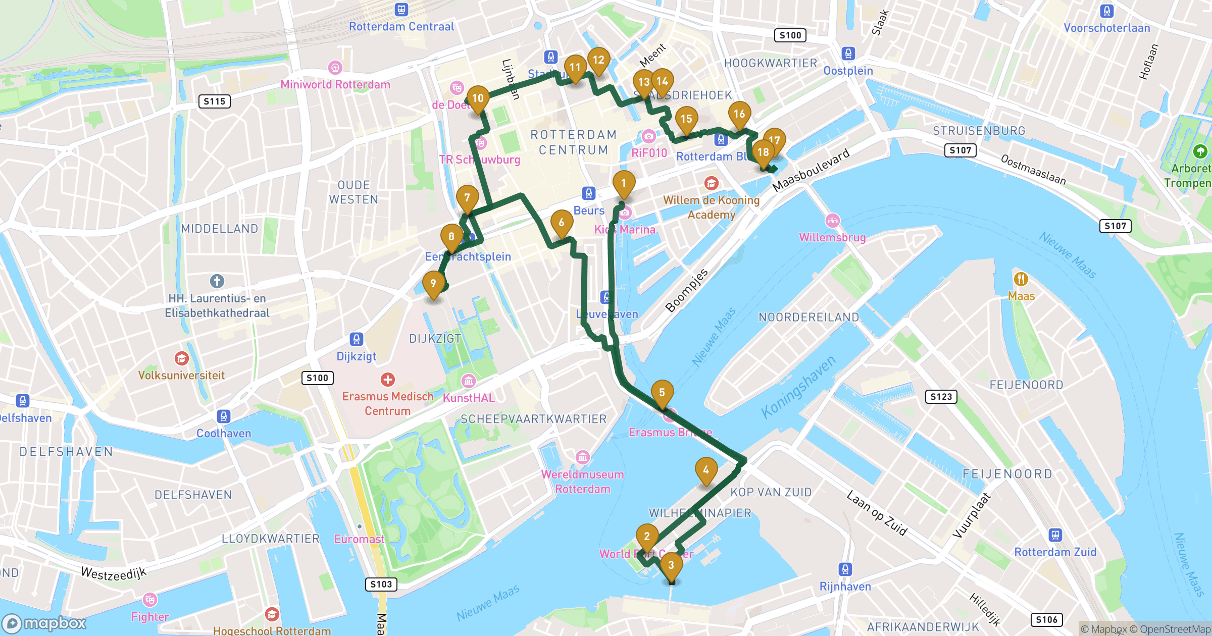 Karte für Stadtführung Rotterdam mit 18 Stopps