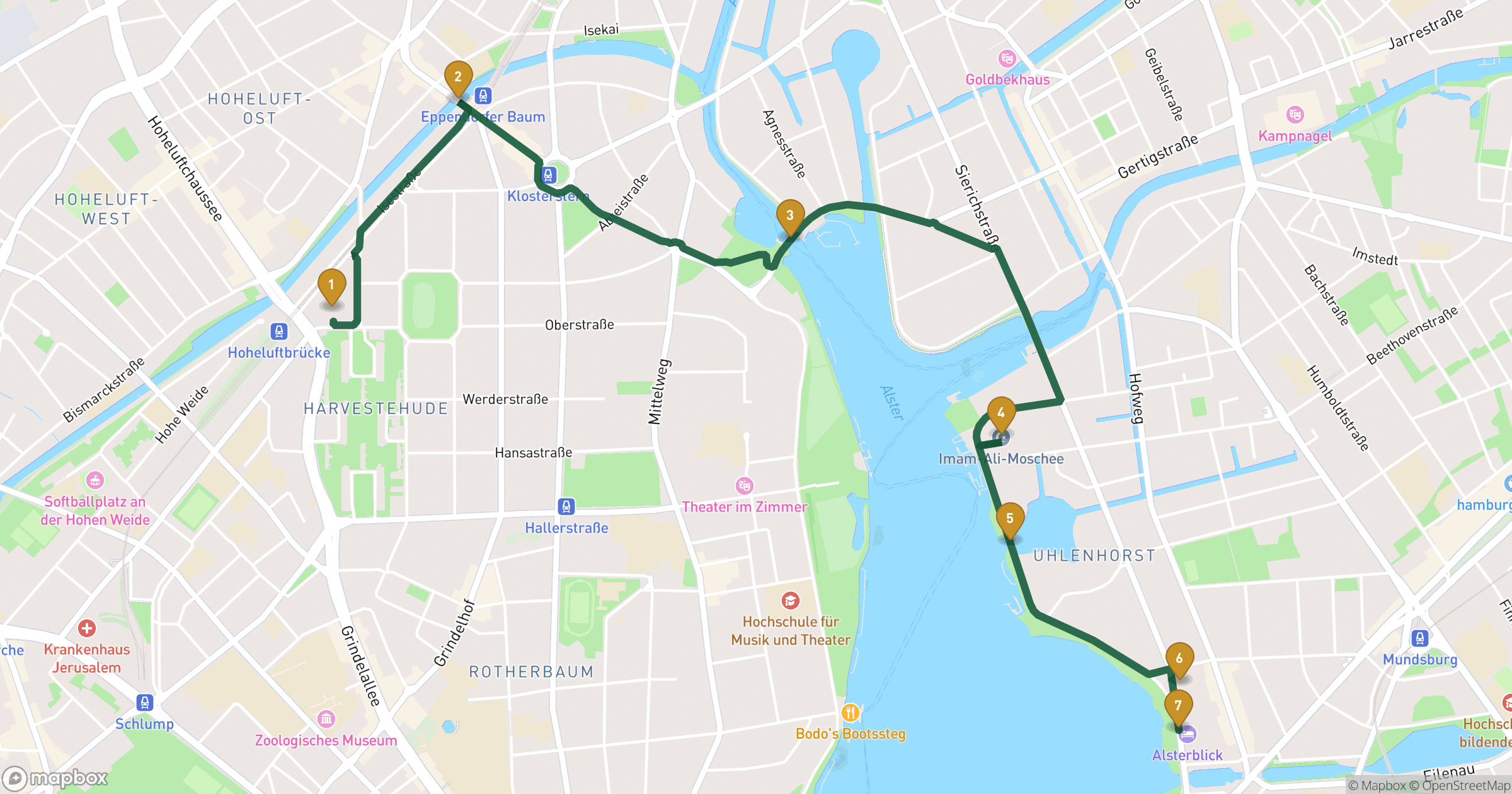 Map for Alster byvandring with 7 stops