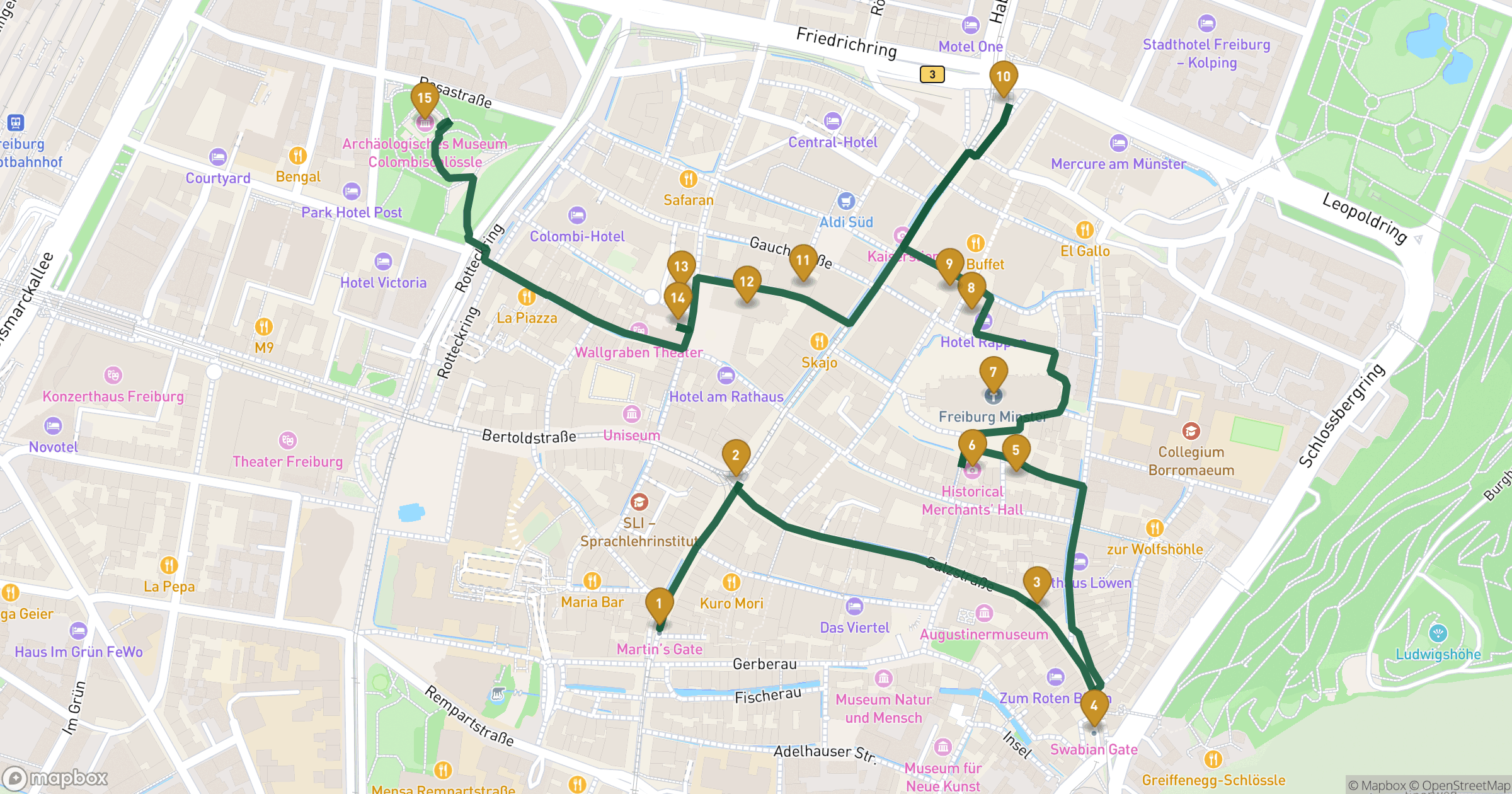 Map for Freiburg im Breisgau walking tour with 15 stops