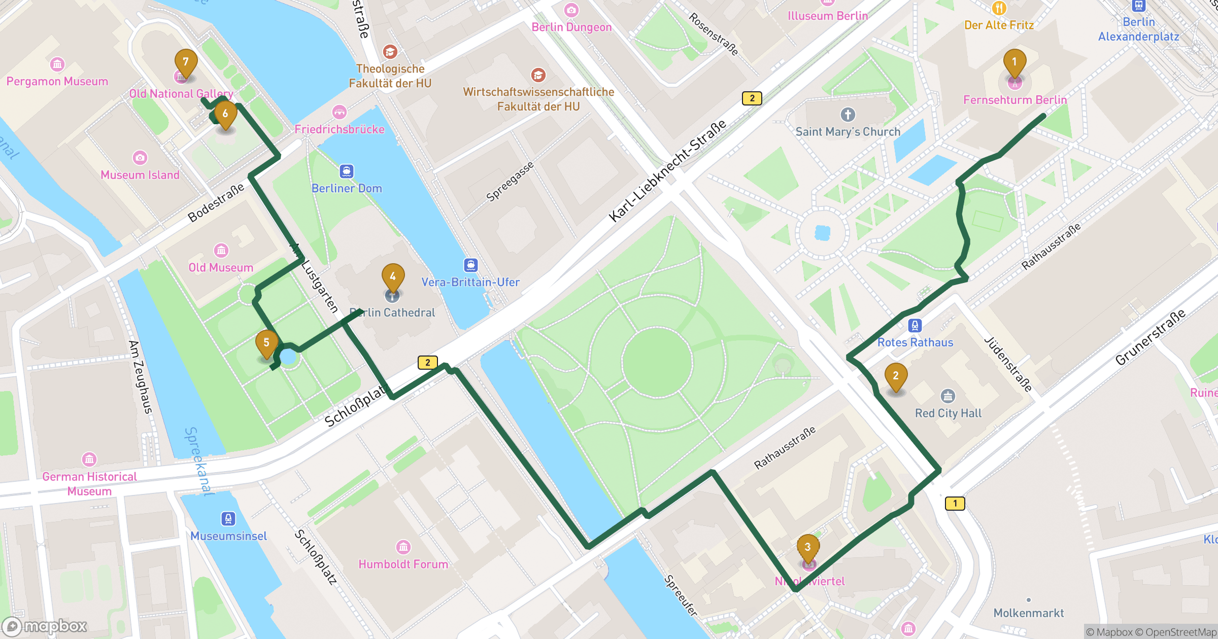 Map for Berlin Mitte byvandring with 7 stops