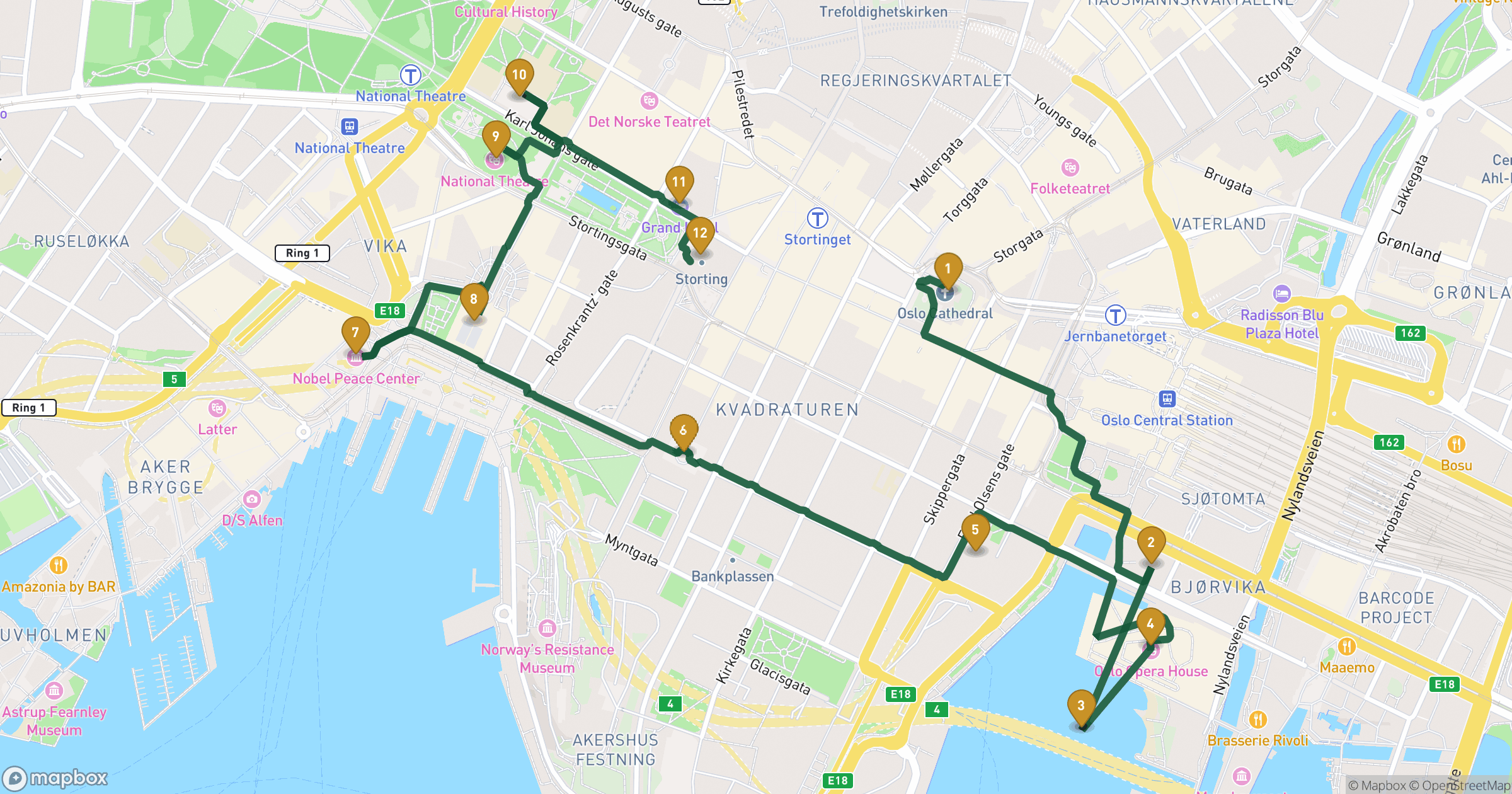 Map for Oslo walking tour with 12 stops