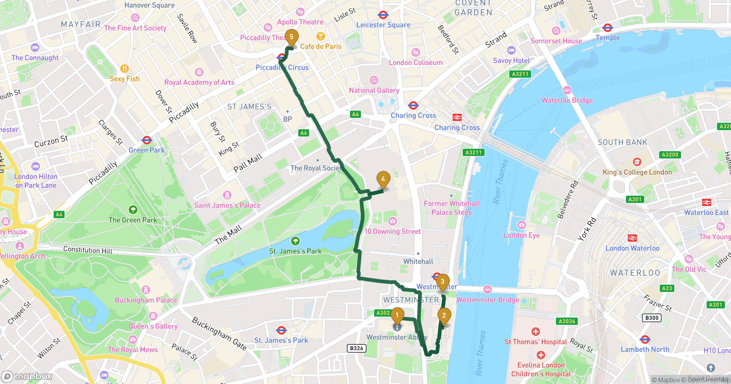 Mapa de passeio a pé Londres com 5 paragens