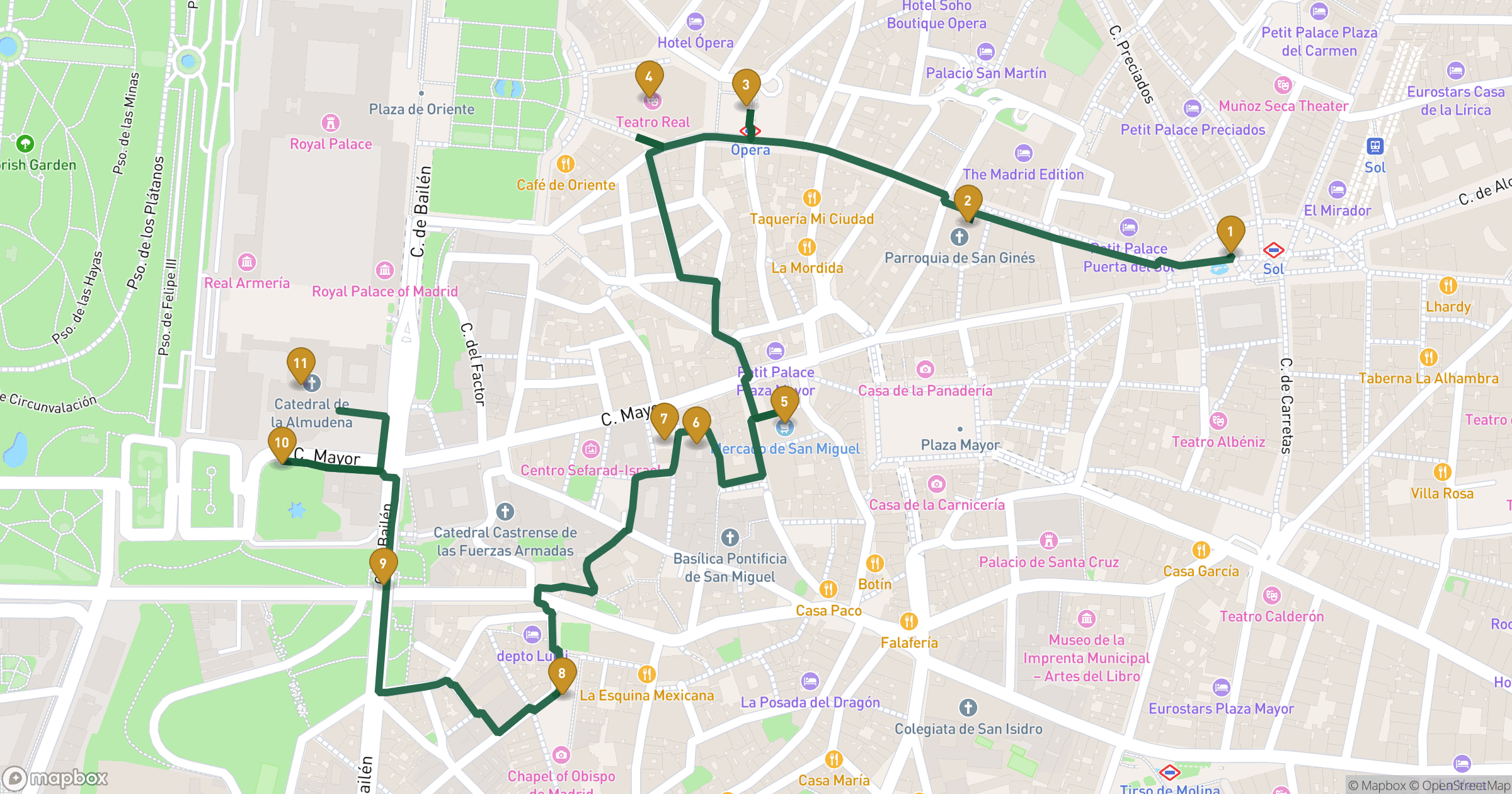 Kaart voor wandeling Madrid met 11 stops