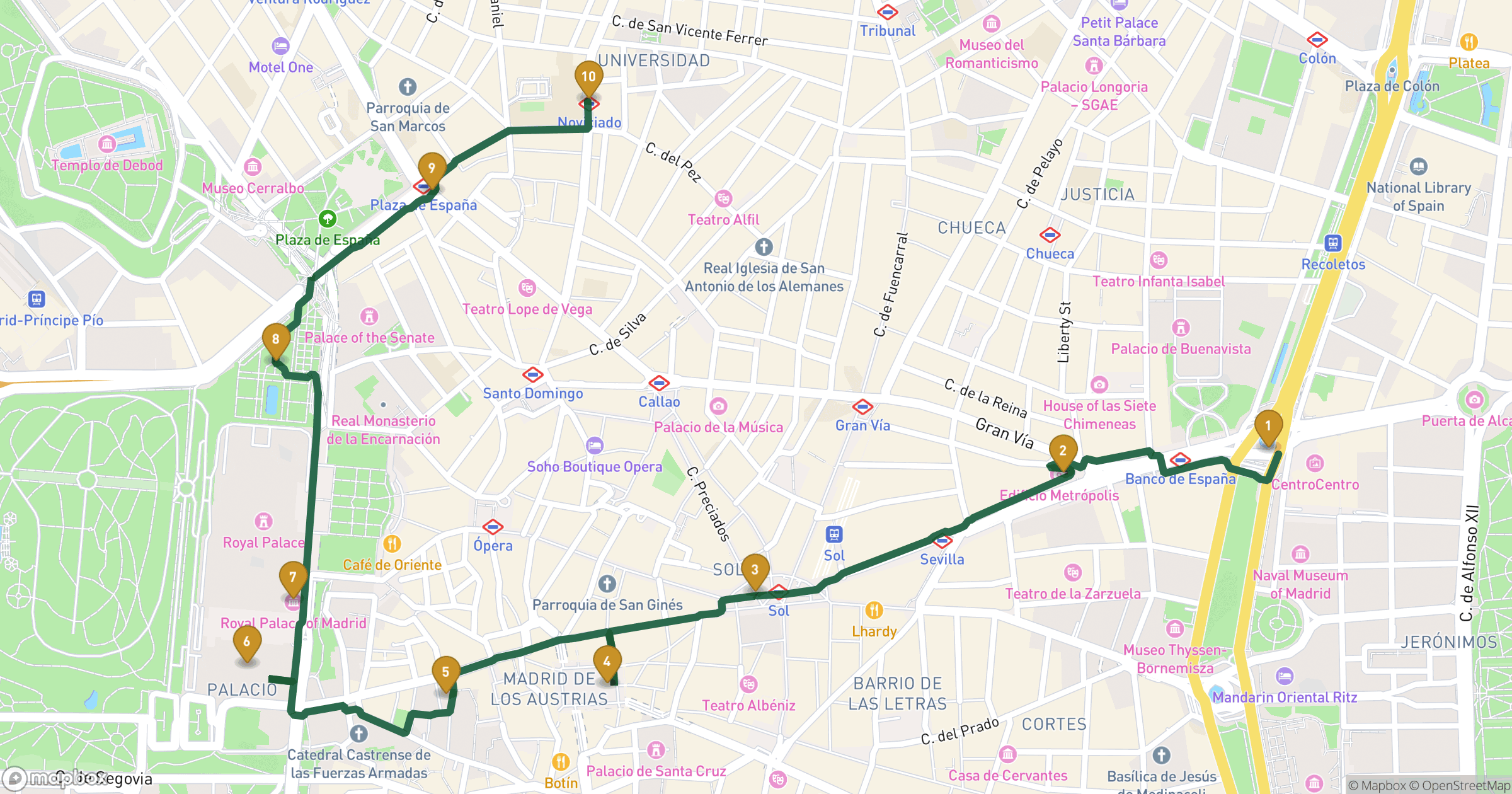 Map for Madrid walking tour with 10 stops