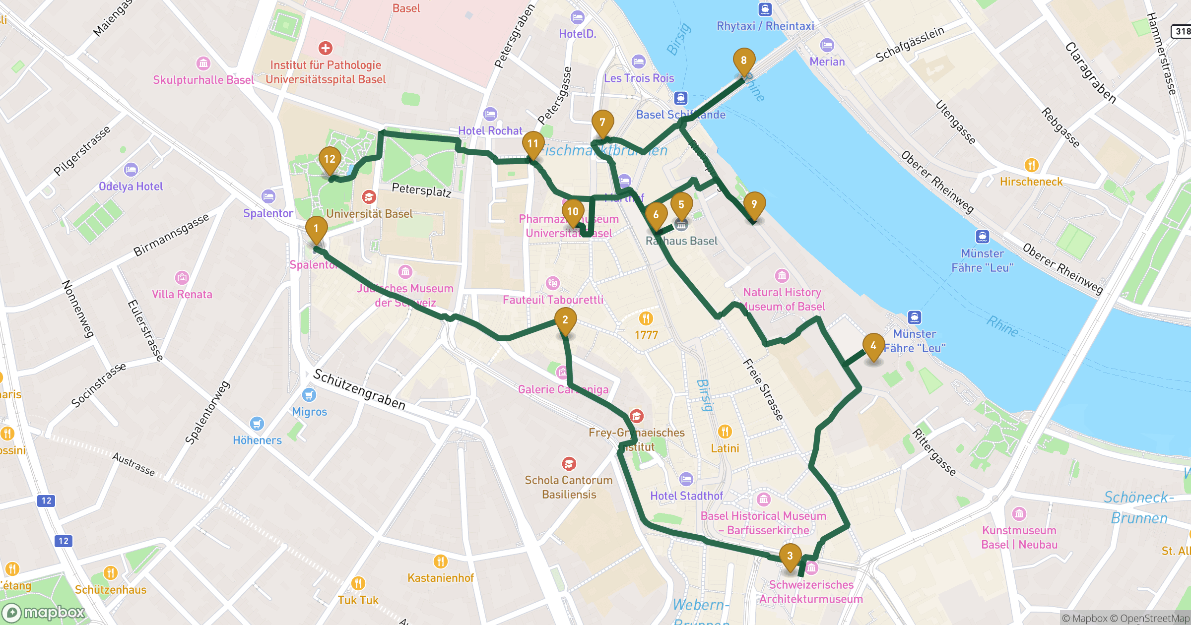 Karte für Stadtführung Basels Altstadt mit 12 Stopps