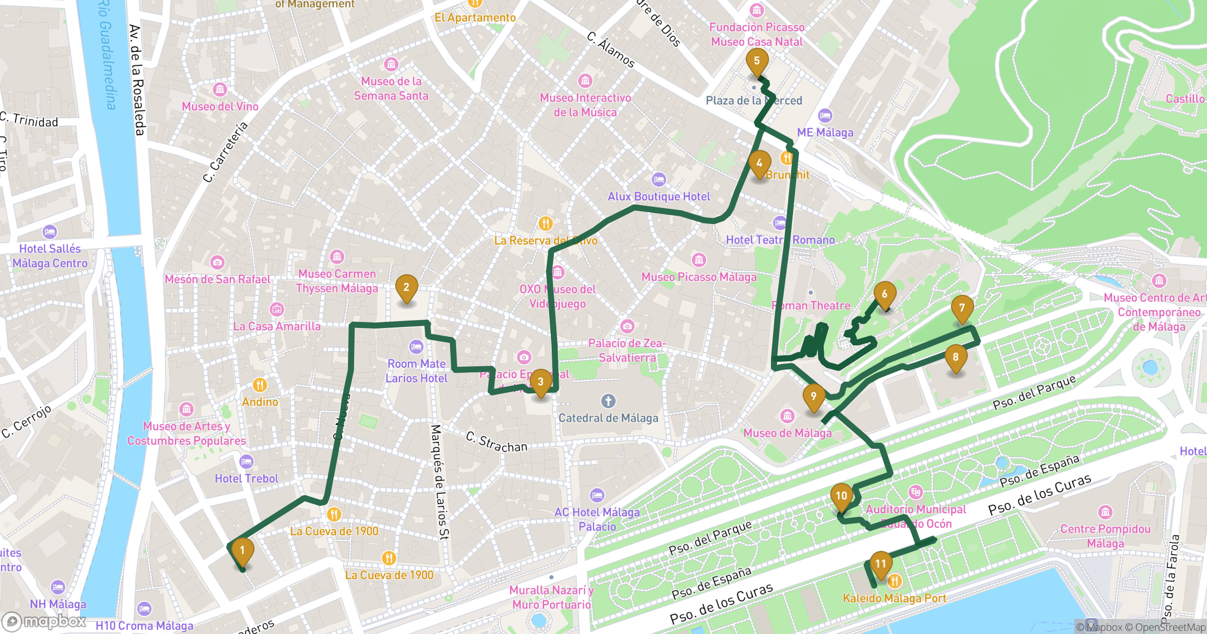 Map for Malaga walking tour with 11 stops
