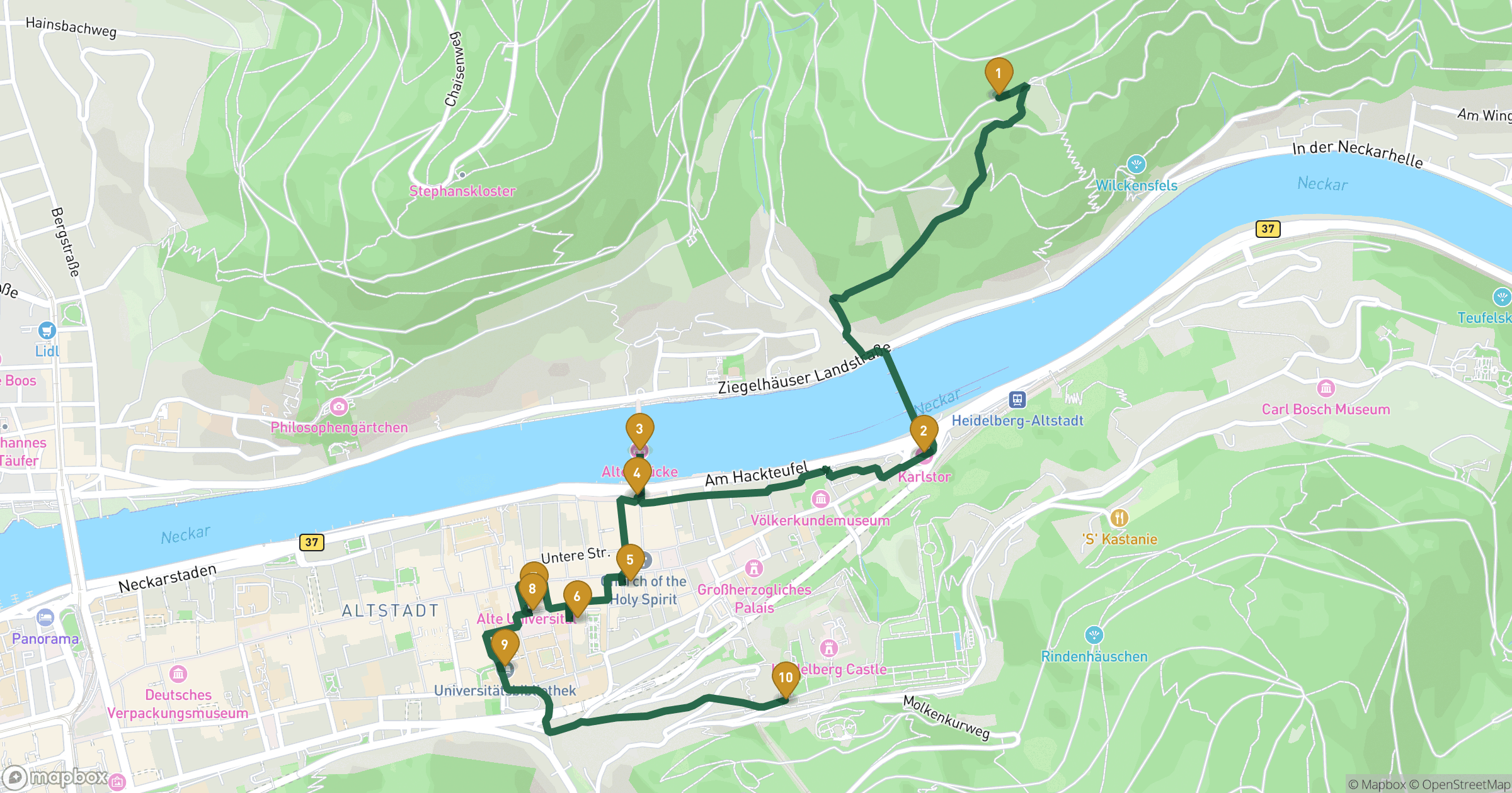 Map for Heidelberg walking tour with 10 stops