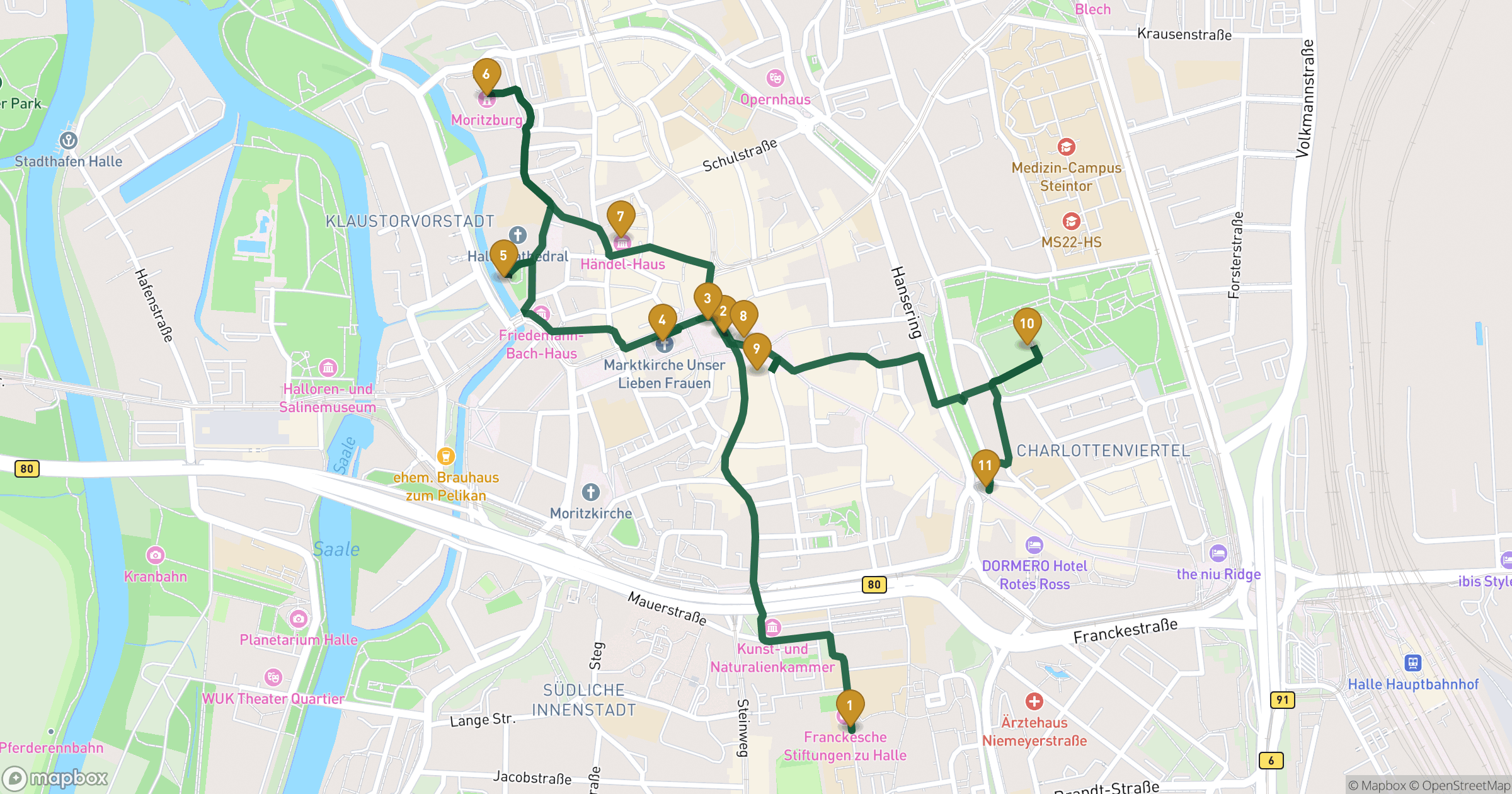 Map for Halle (Saale)観光 with 11 stops