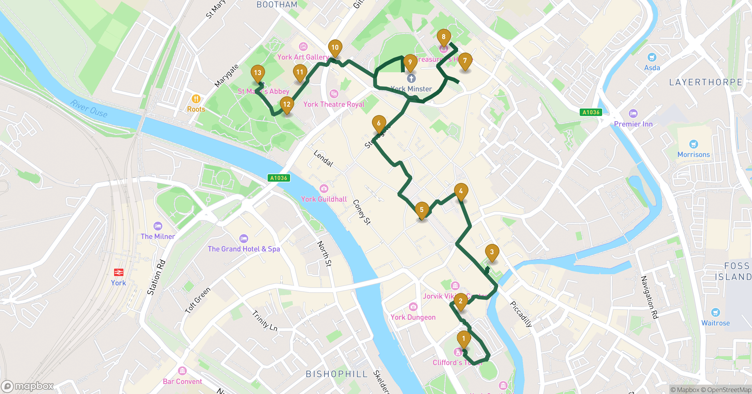 Map for York walking tour with 13 stops