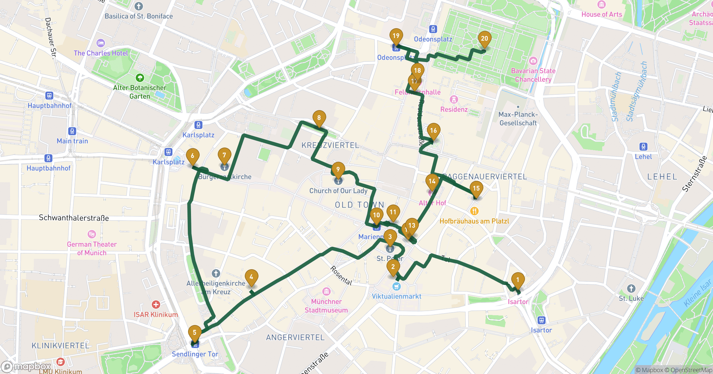 Map for Munich's Heartbeat walking tour with 20 stops