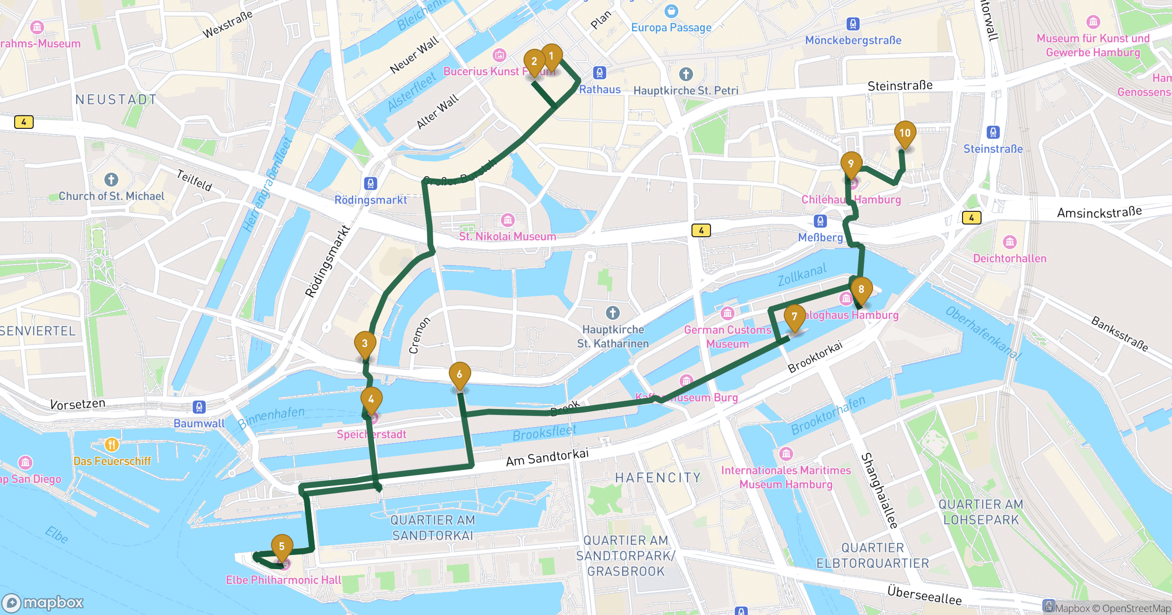 Mapa de city tour Hamburg com 10 paragens