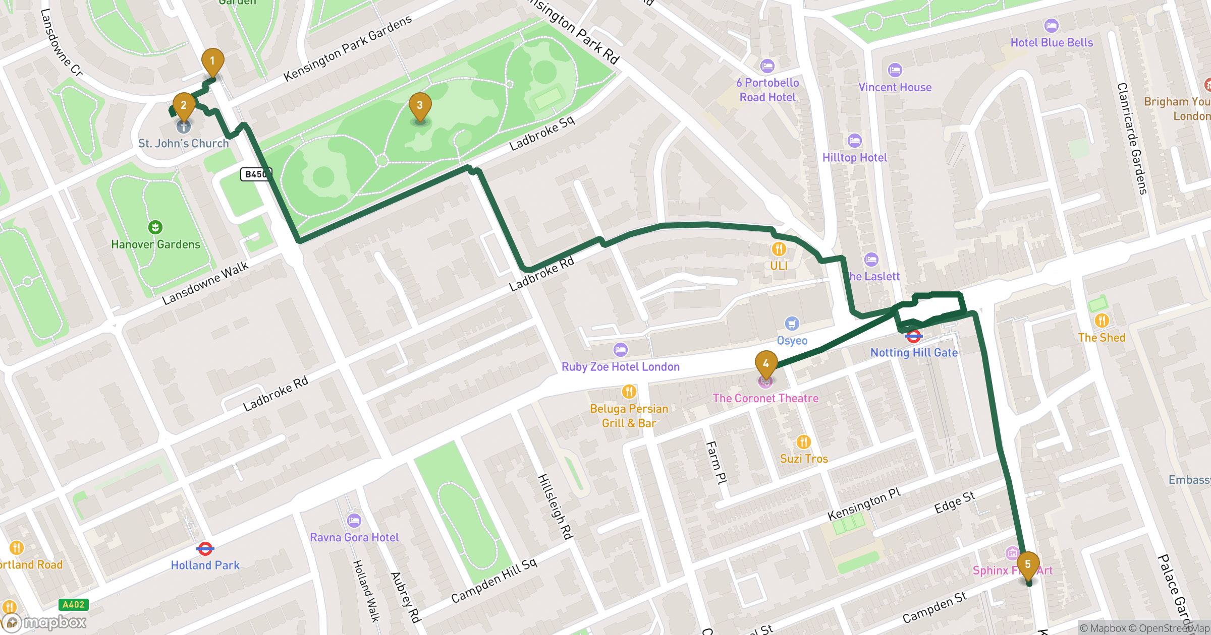Mappa del tour a piedi Londra con 5 tappe