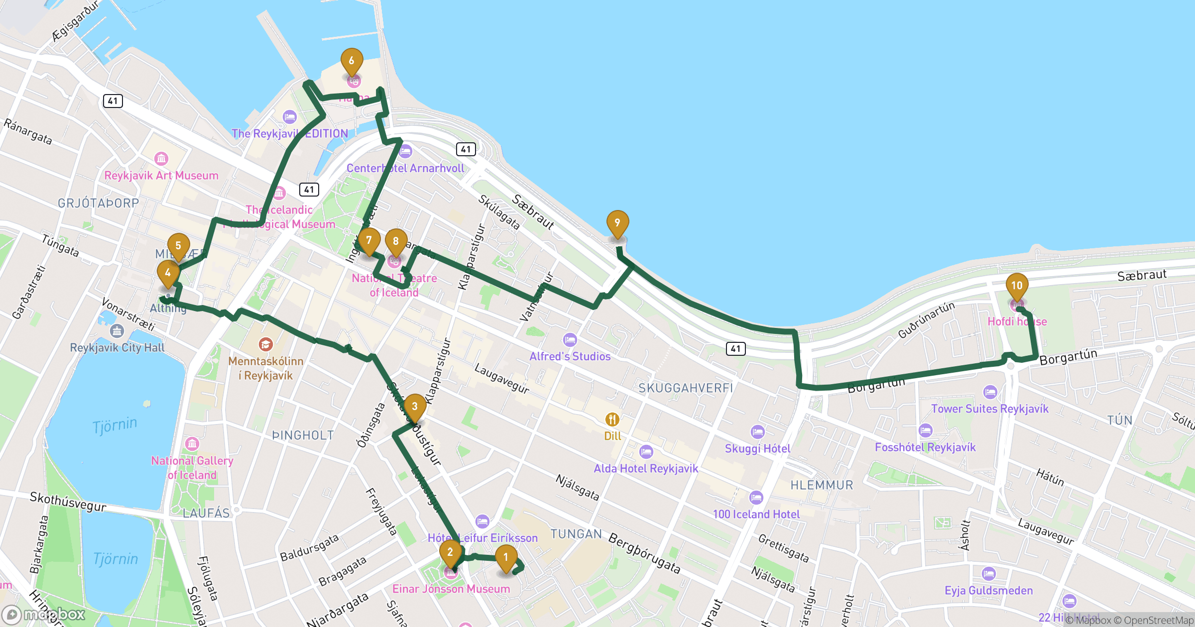 Karte für Stadtführung Reykjavik mit 10 Stopps
