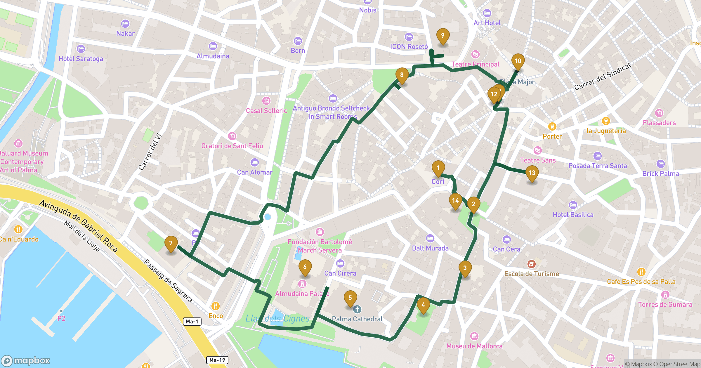 Map for Palma de Mallorca byvandring with 14 stops