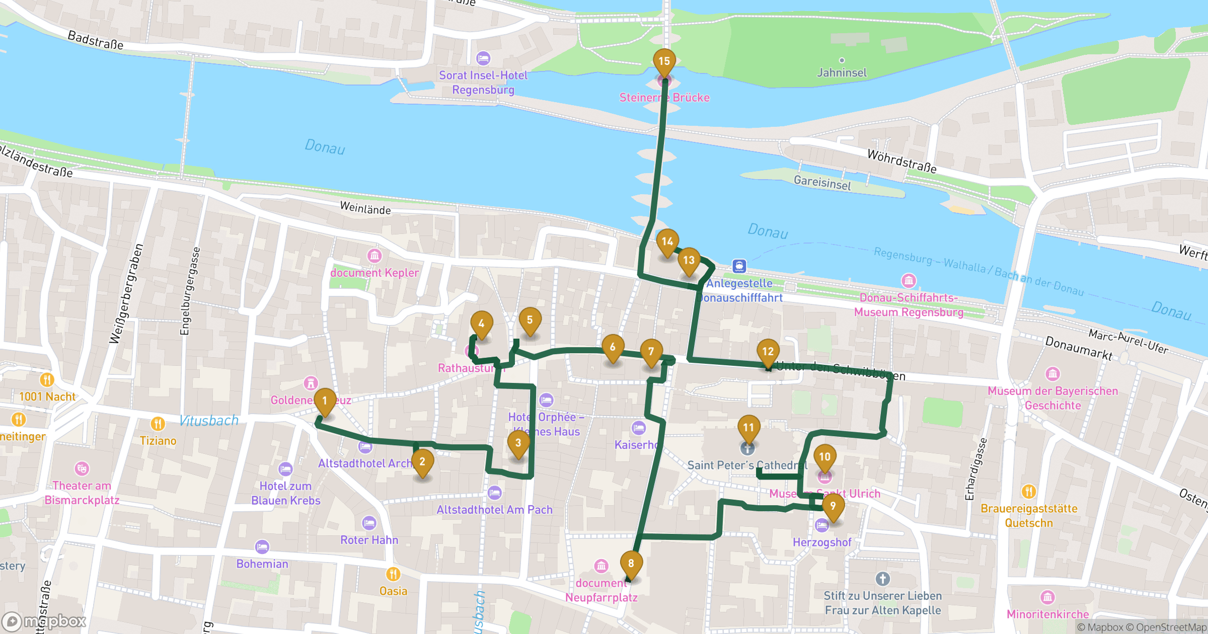 Map for Regensburg walking tour with 15 stops