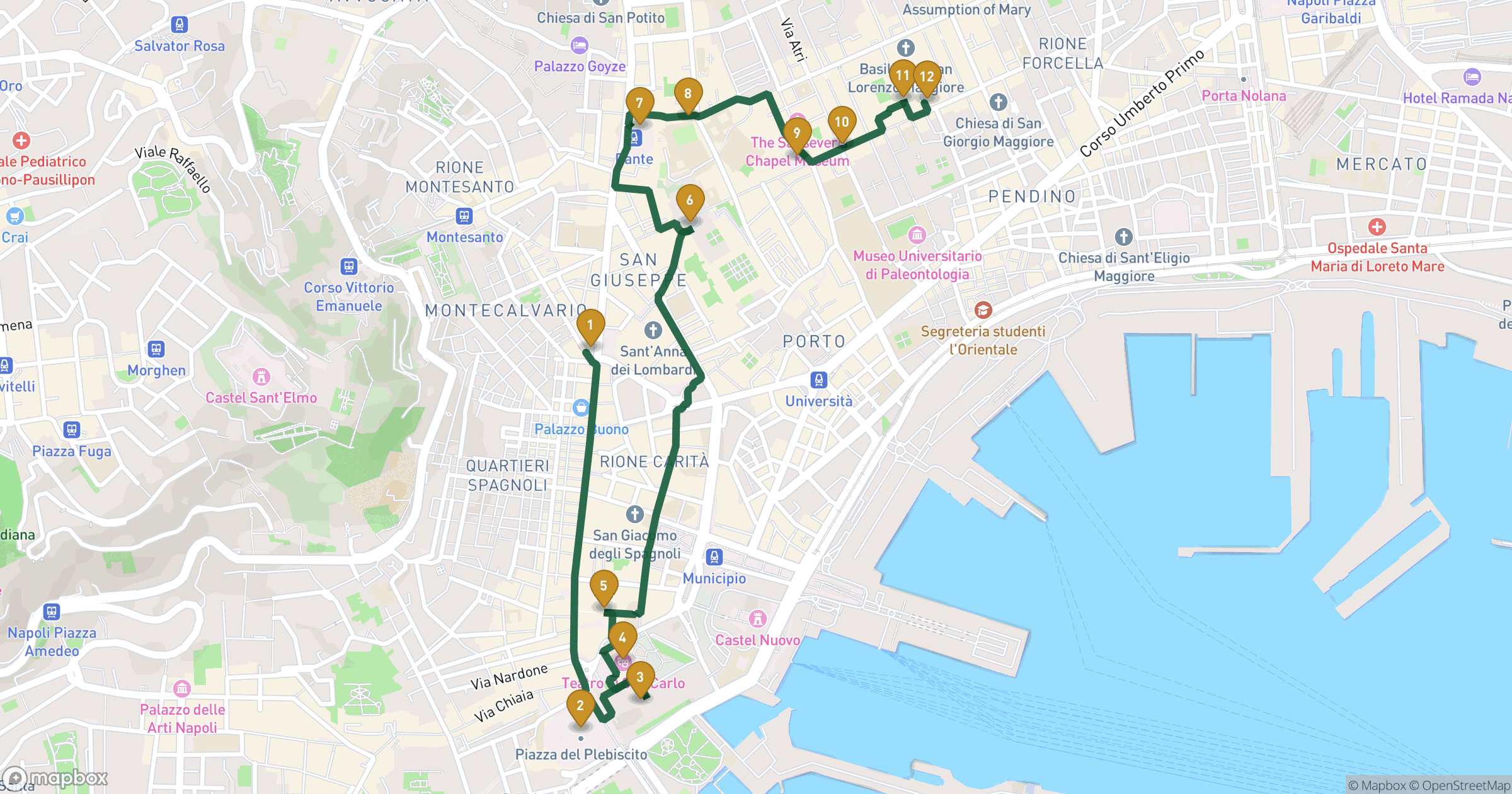 Map for Naples walking tour with 12 stops